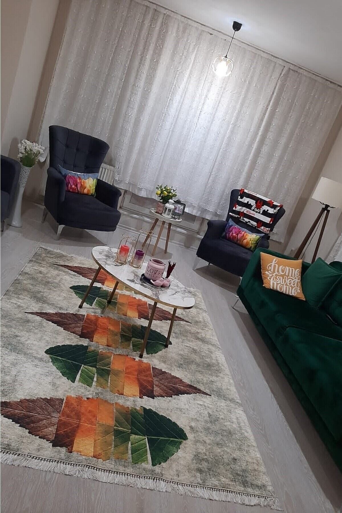 Yeşil Halı Yeşil Yapraklı Halı Salon Halısı Mutfak Halısı Yolluk Makinede Yıkanabilir Kaymaz Halı