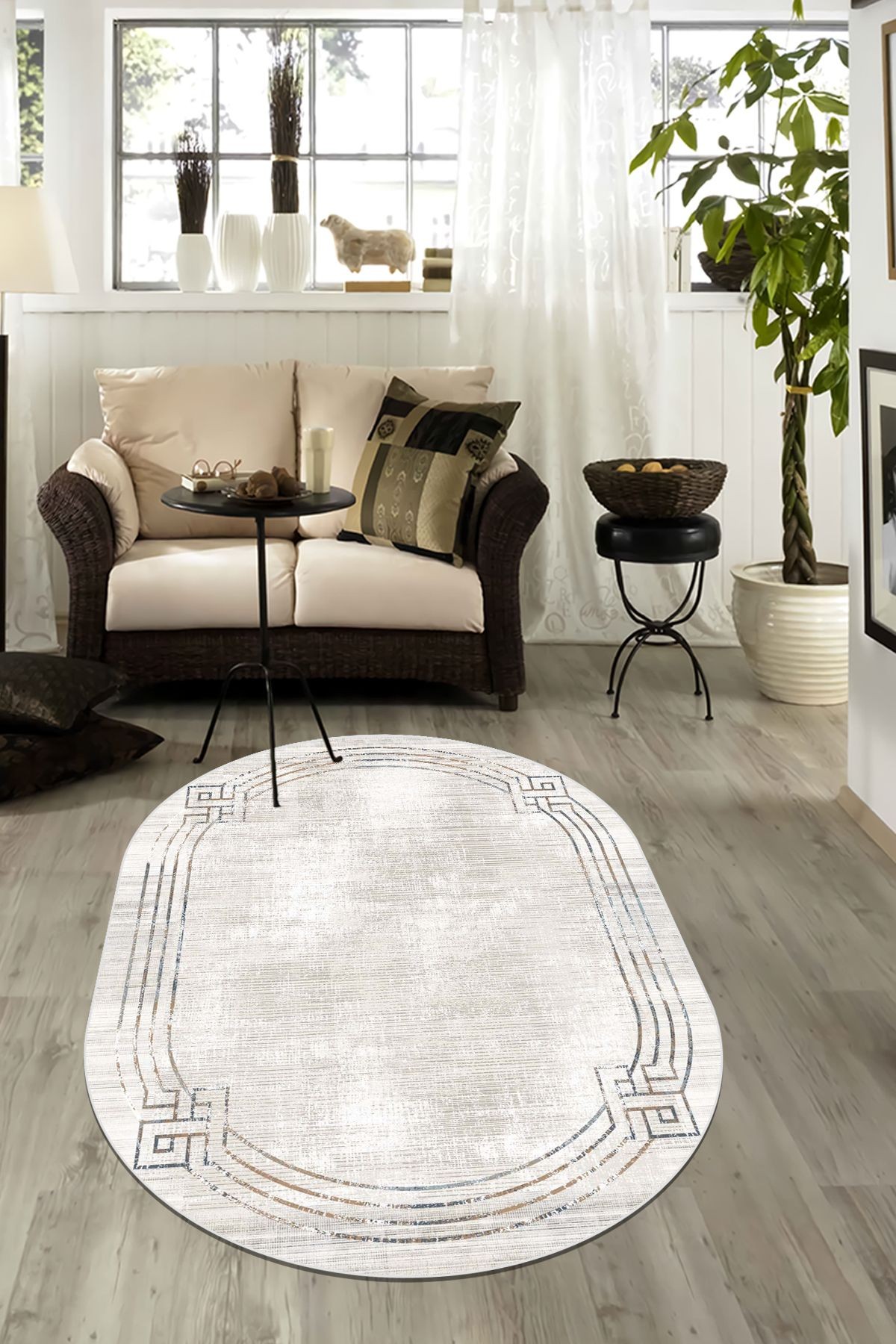 Bej Oval Yolluk Koridor Halısı Makinede Yıkanabilir Kaymaz Taban Yolluk Hol Antre Halısı