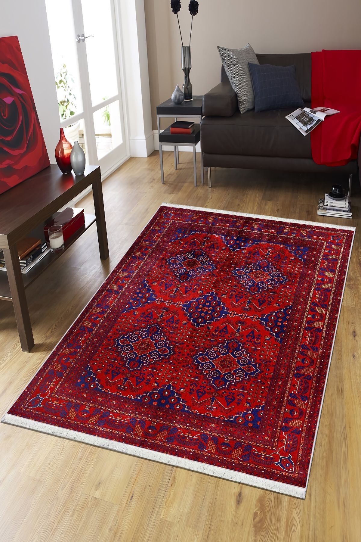 Kırmızı Vintage Halı Salon Halısı Makinede Yıkanabilir Halı Kaymaz Taban Halı