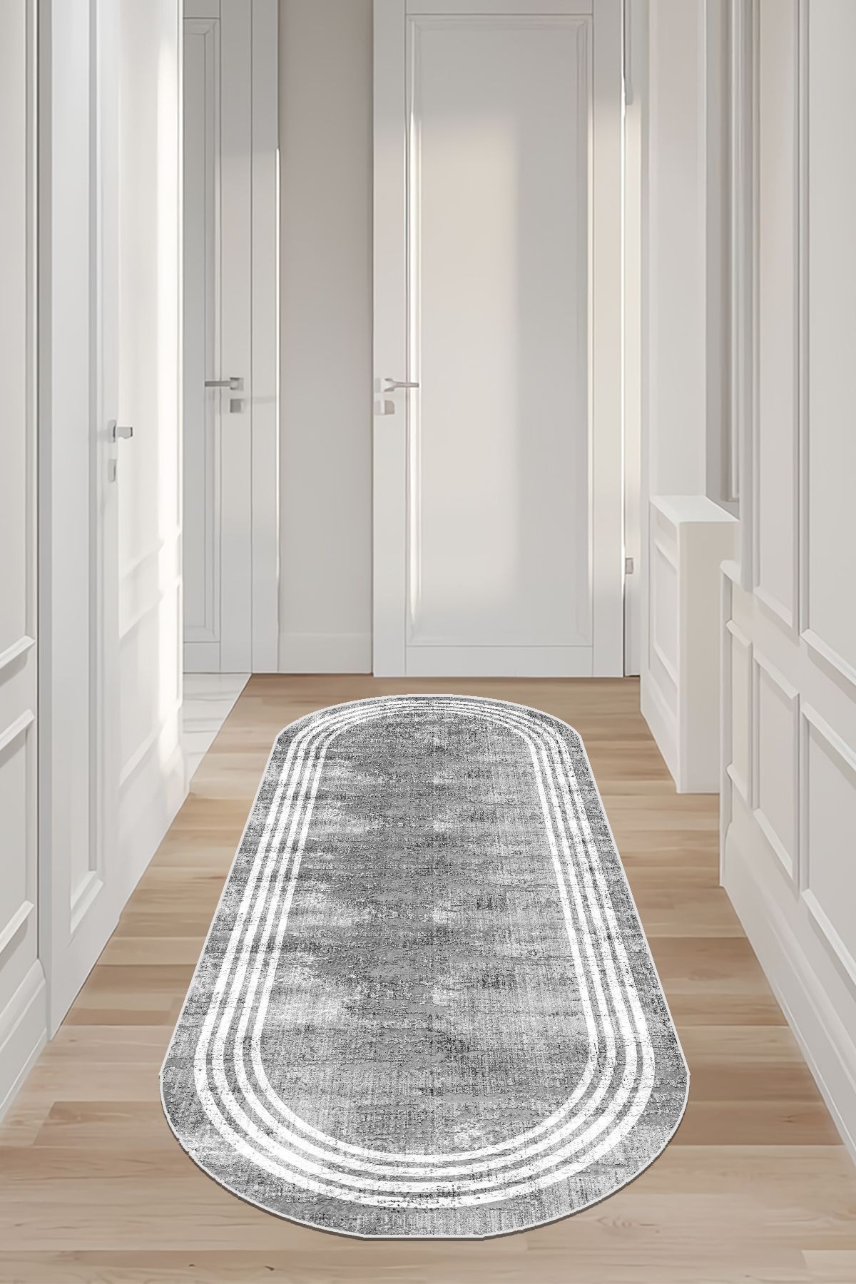 Gri Oval Yolluk Koridor Halısı Makinede Yıkanabilir Kaymaz Taban Yolluk Hol Antre Halısı