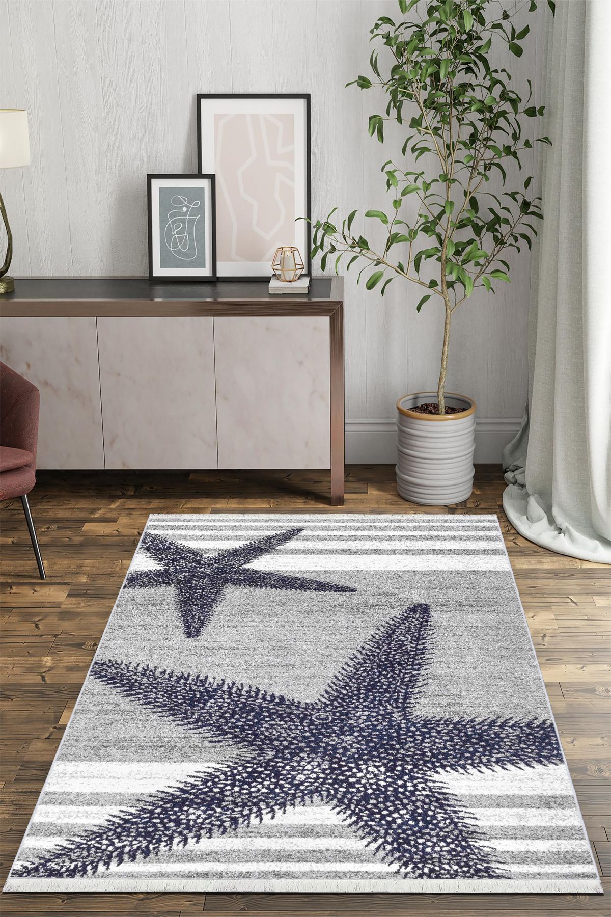 Gri Lacivert Yolluk Salon Antre Halısı Makinede Yıkanabilir Halı Kaymaz Taban Halı