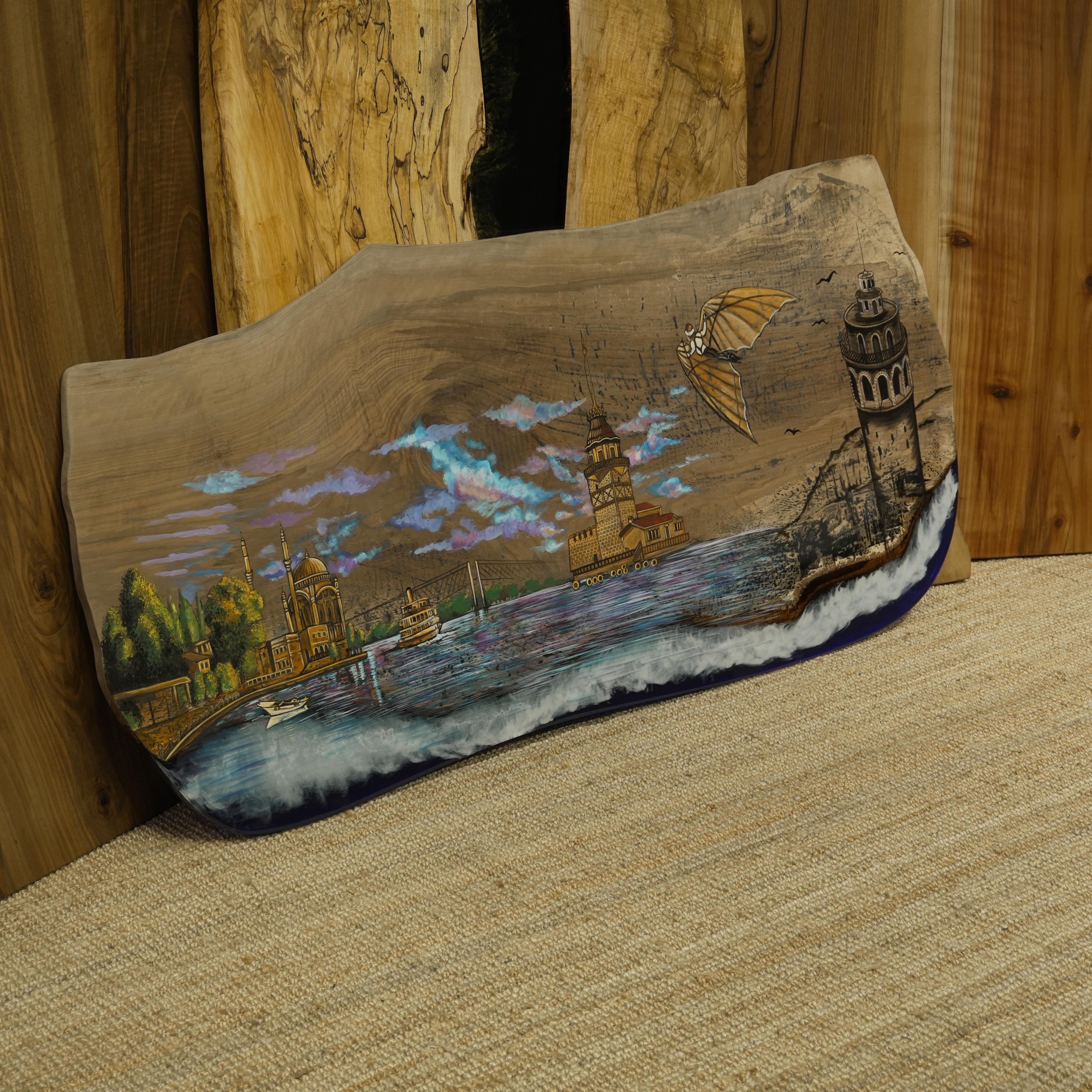 Hand-Drawn Painting Epoxy Walnut Wood Artwork