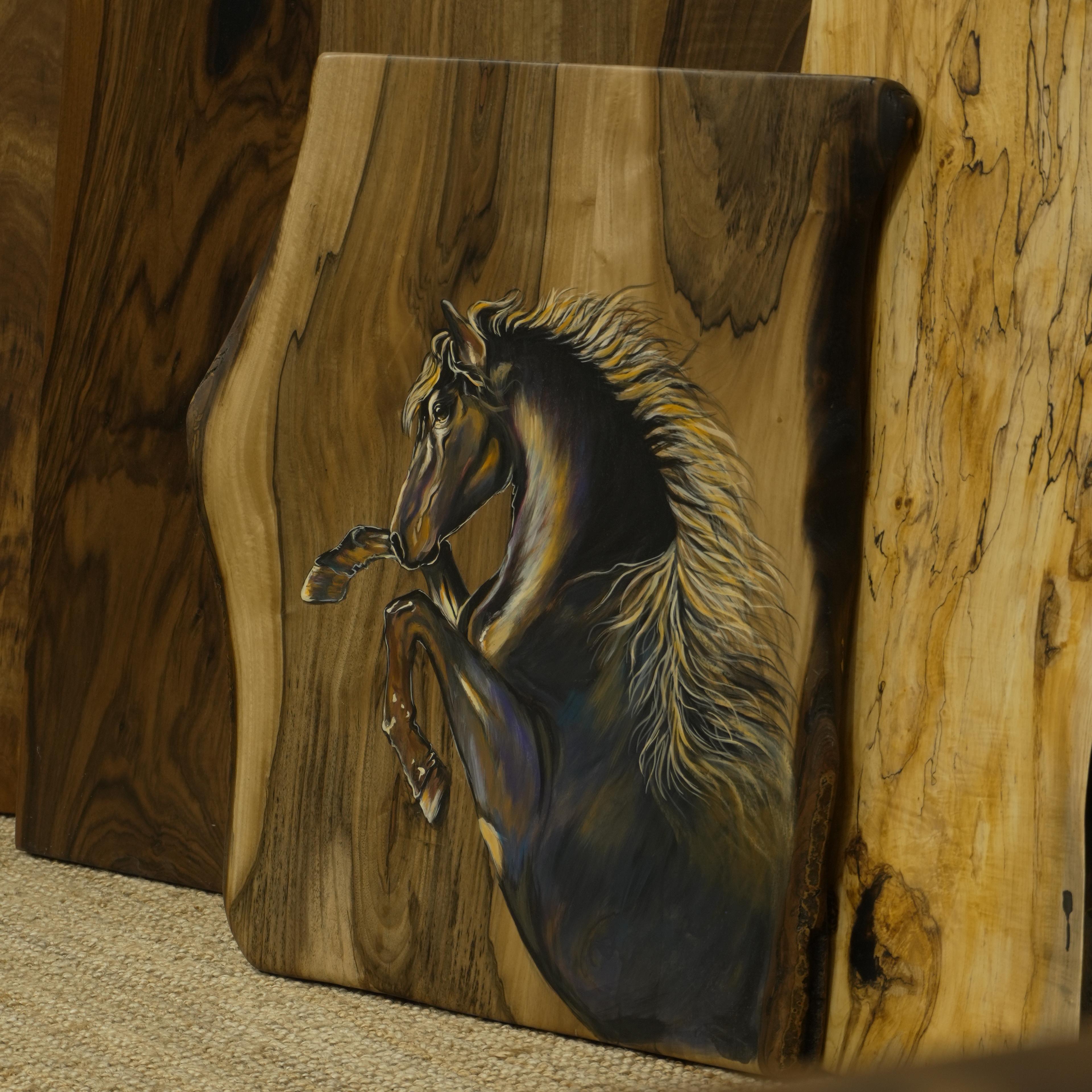 Hand-Drawn Horse Painting Walnut Wood Artwork