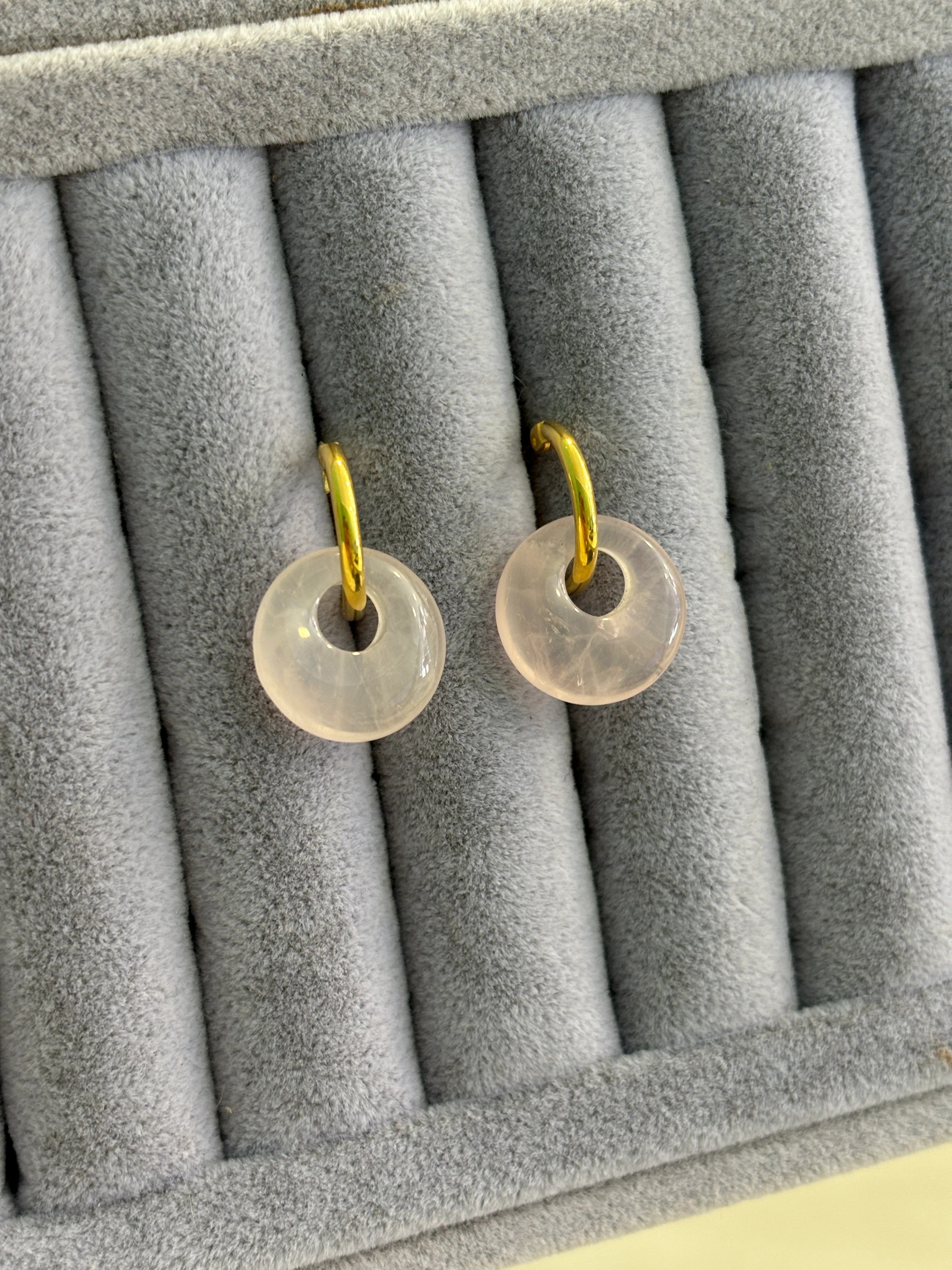 Pembe Kuvars Doğal Taş Minimal Halka Küpe | 925 Ayar Gümüş