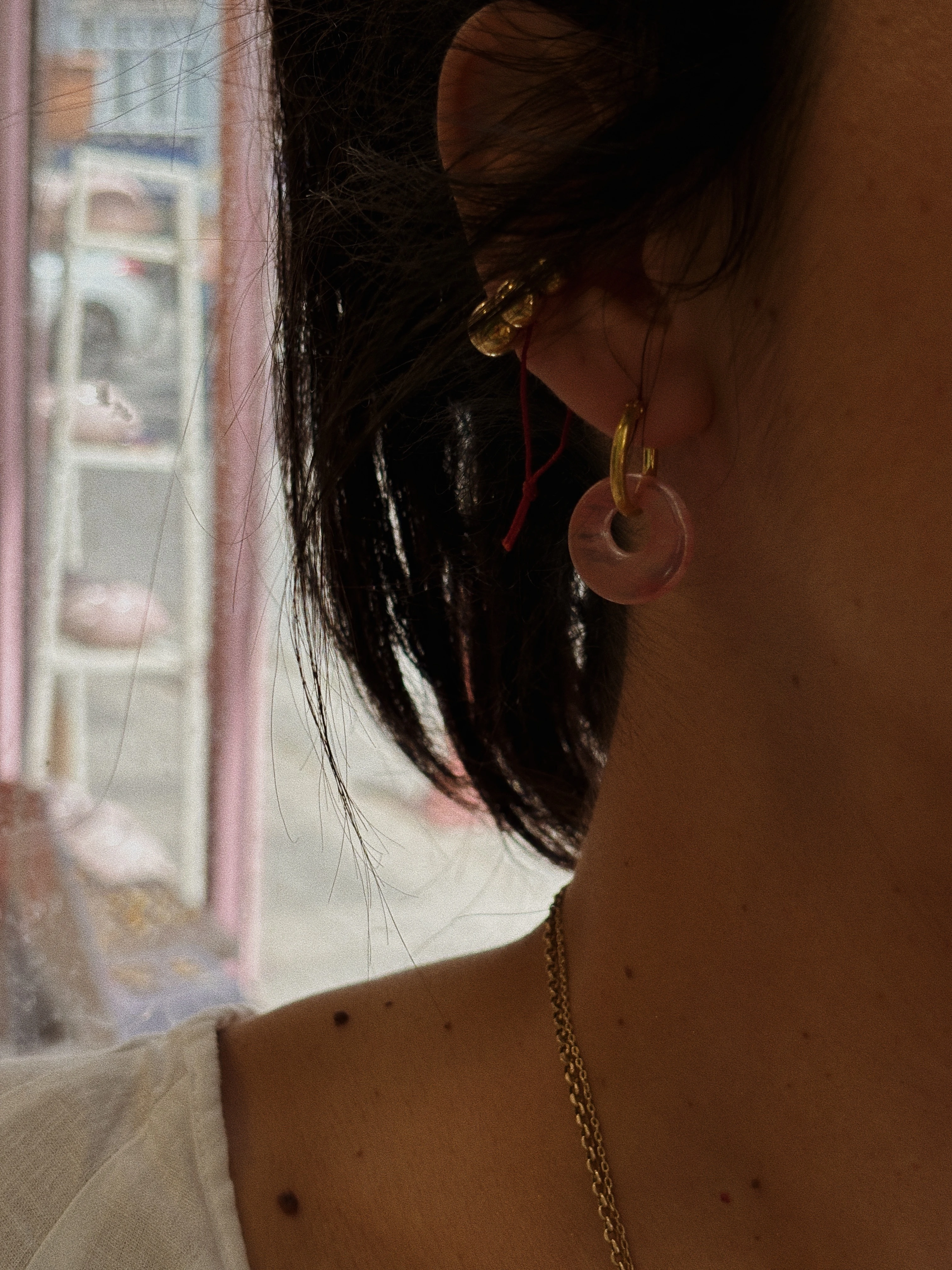 Çilek Kuvars Doğal Taş Minimal Halka Küpe | 925 Ayar Gümüş