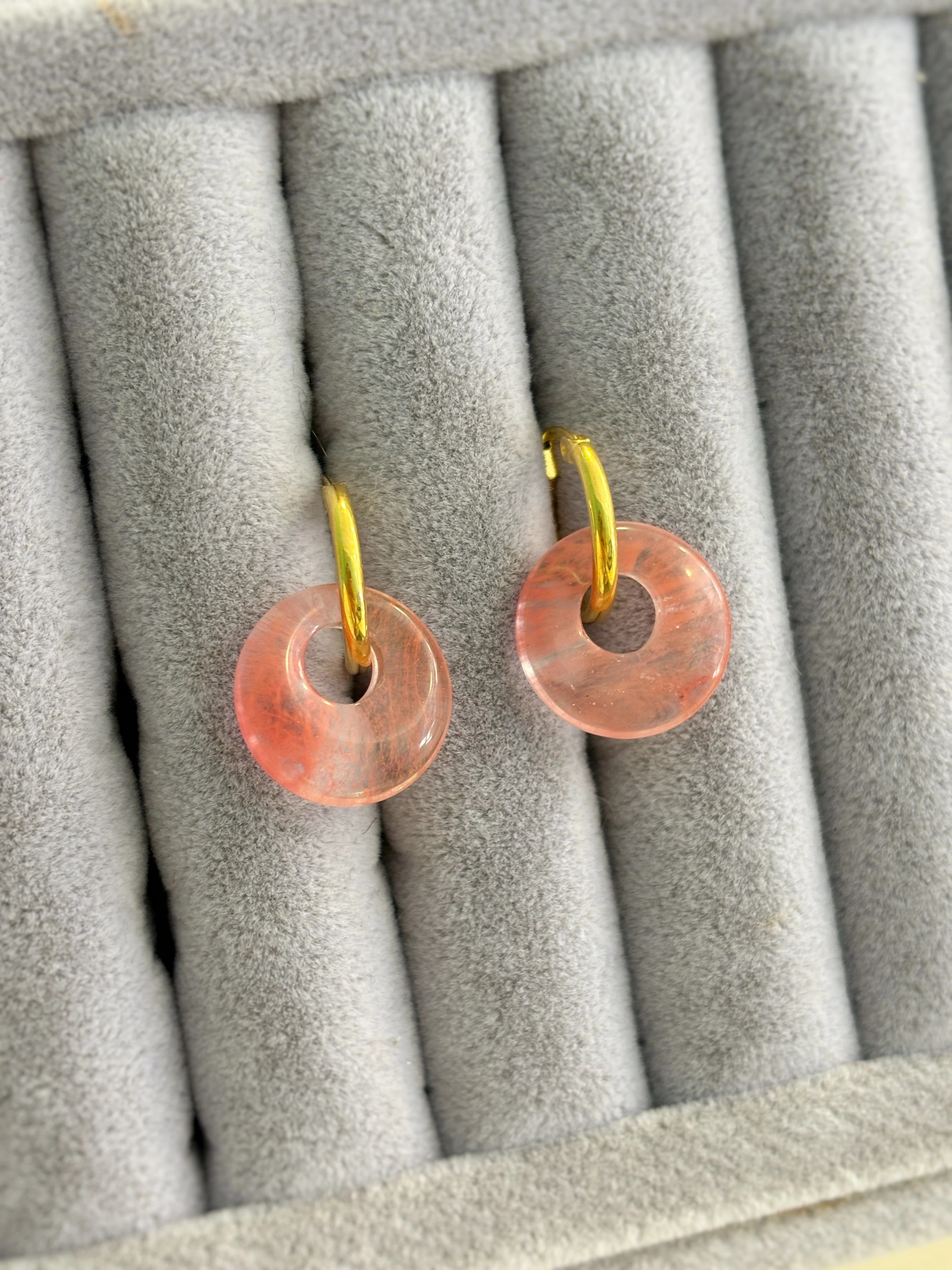 Çilek Kuvars Doğal Taş Minimal Halka Küpe | 925 Ayar Gümüş