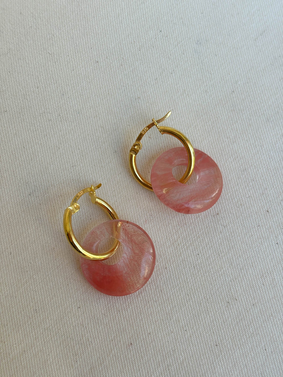 Çilek Kuvars Doğal Taş Minimal Halka Küpe | 925 Ayar Gümüş