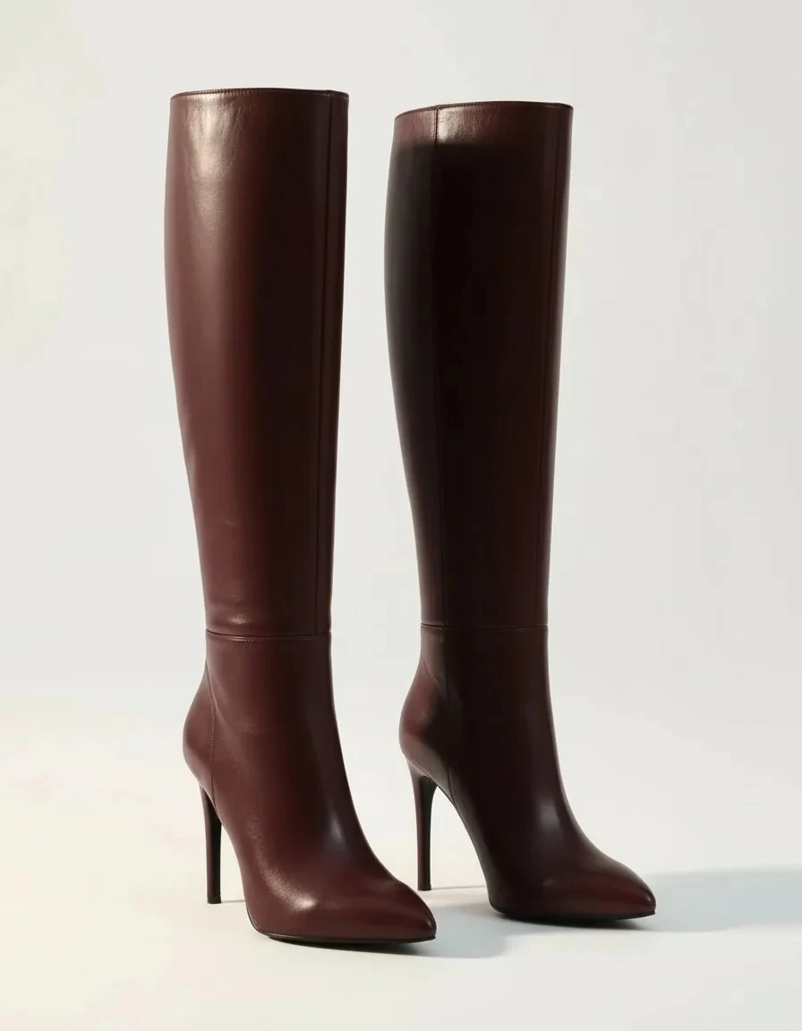 Noir İnce Yüksek Topuklu Sivri Burun Çizme - Bordo