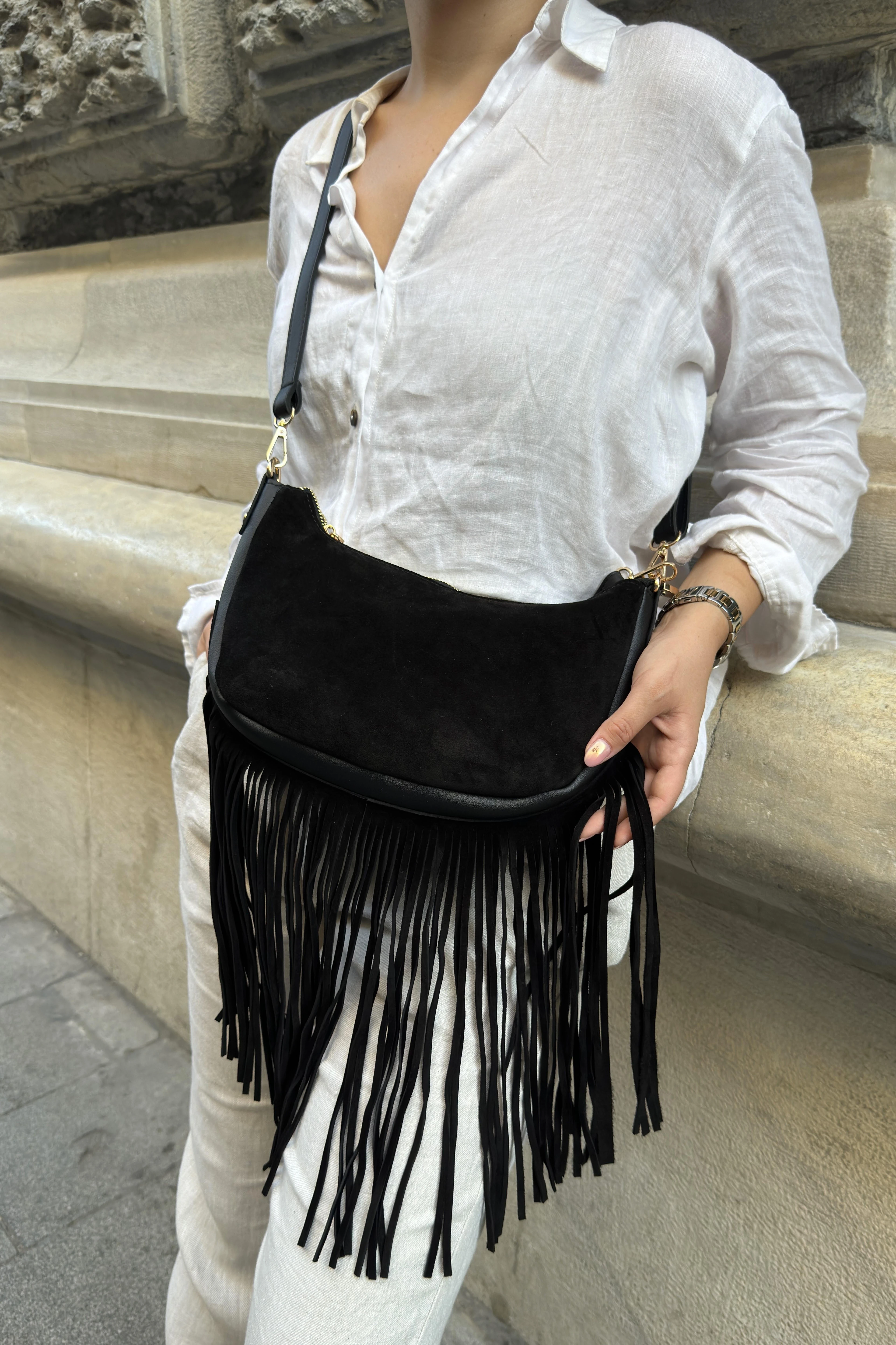 Fury Püsküllü Gerçek Süet Omuz Çantası