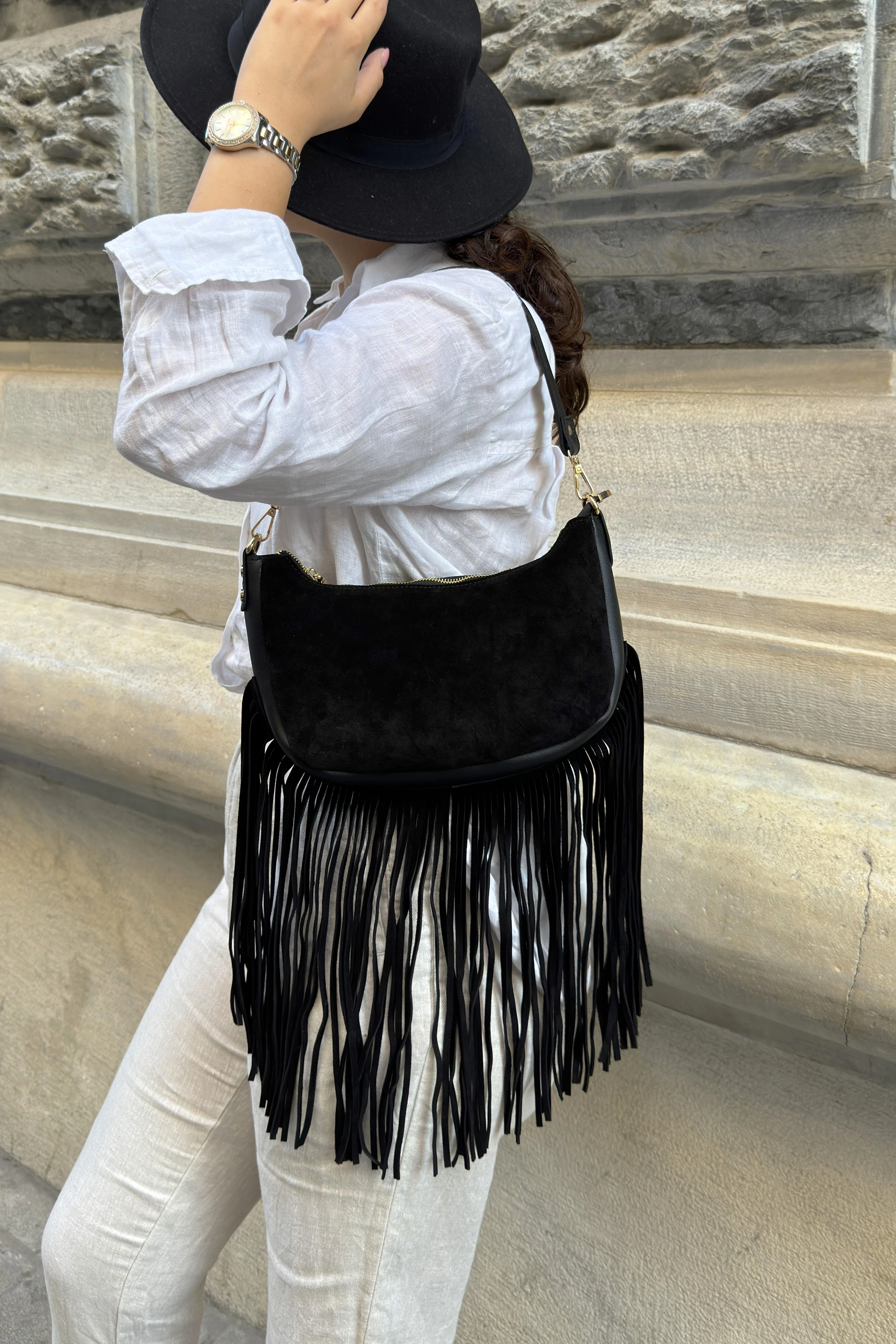 Fury Püsküllü Gerçek Süet Omuz Çantası