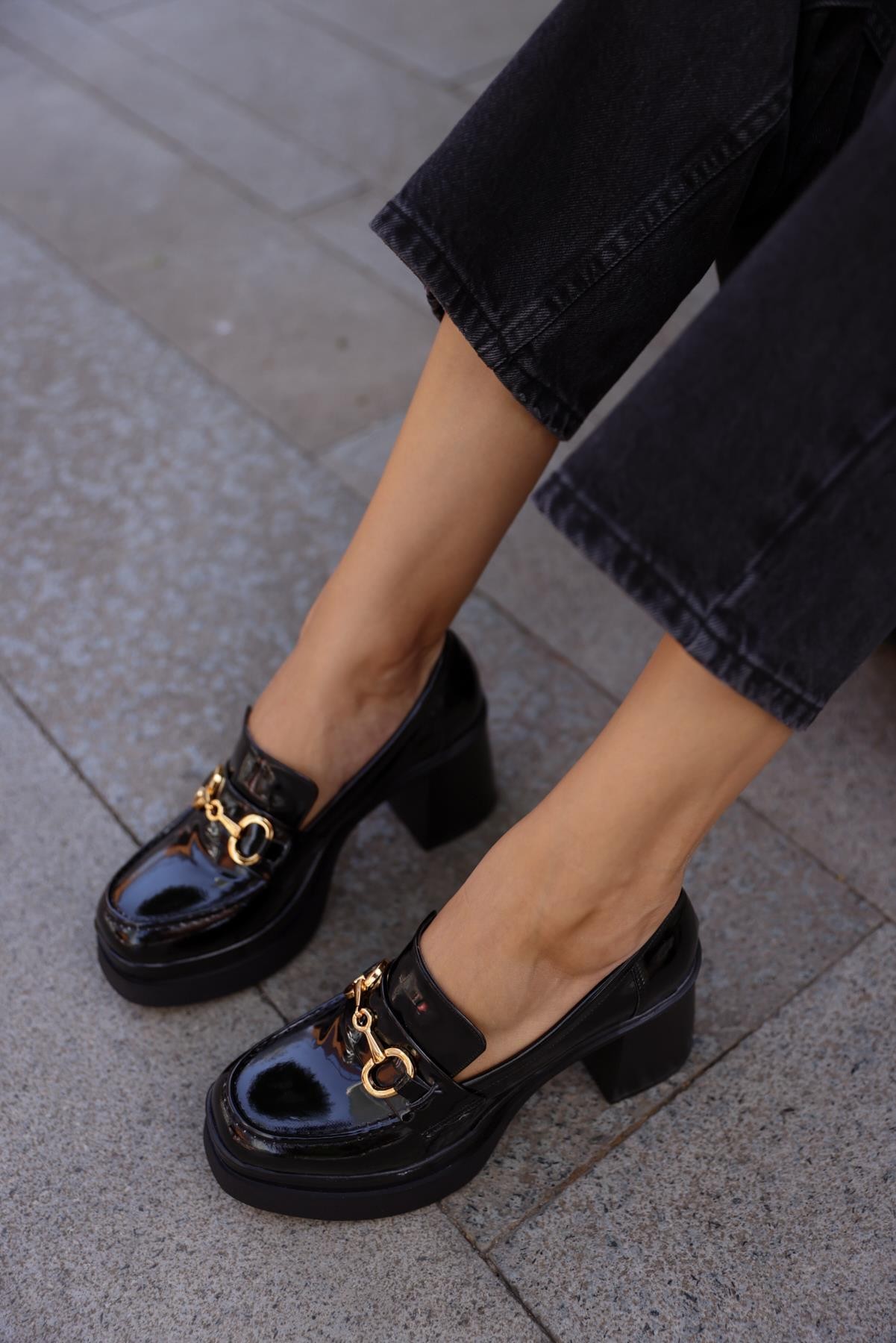 Miss Tokalı Rugan Platrofm Topuklu Loafer - Siyah