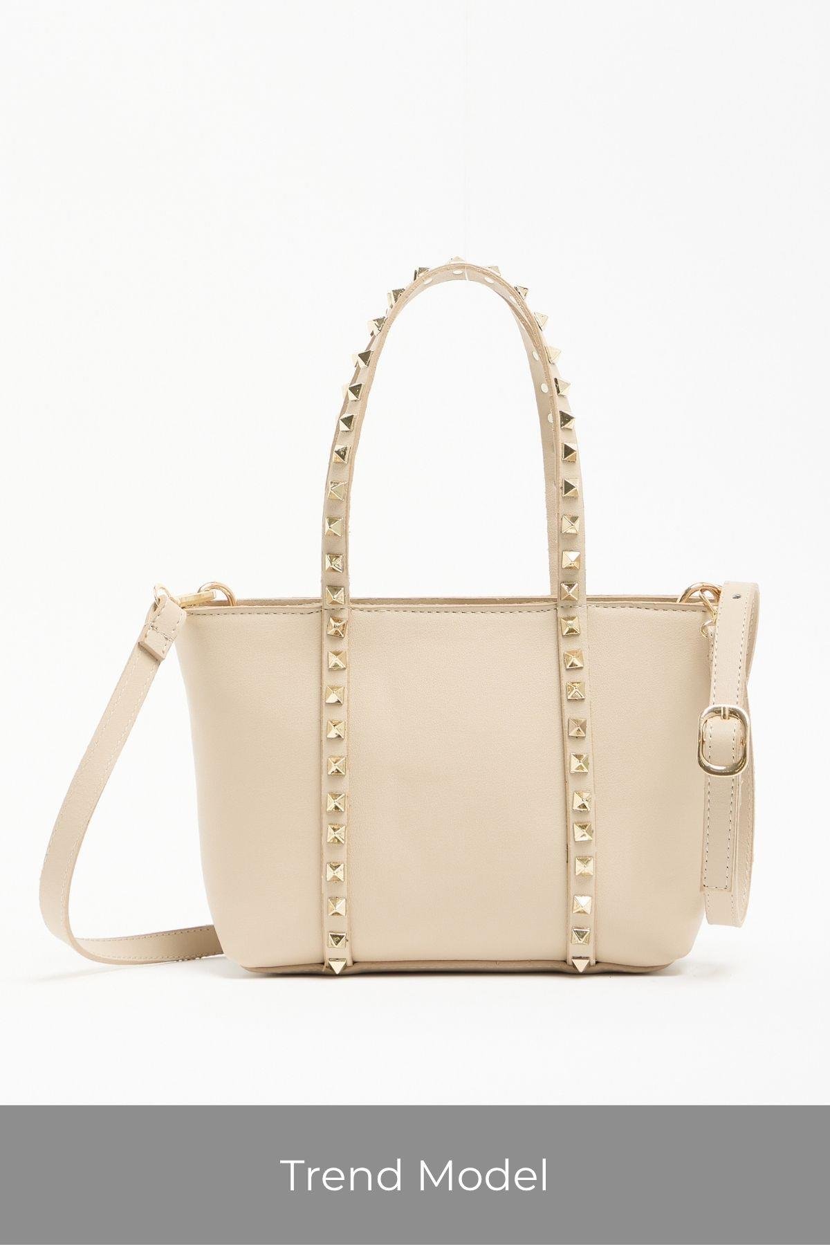 Milano Gold Zımba Detaylı Orta Boy Tote Çanta - Bej