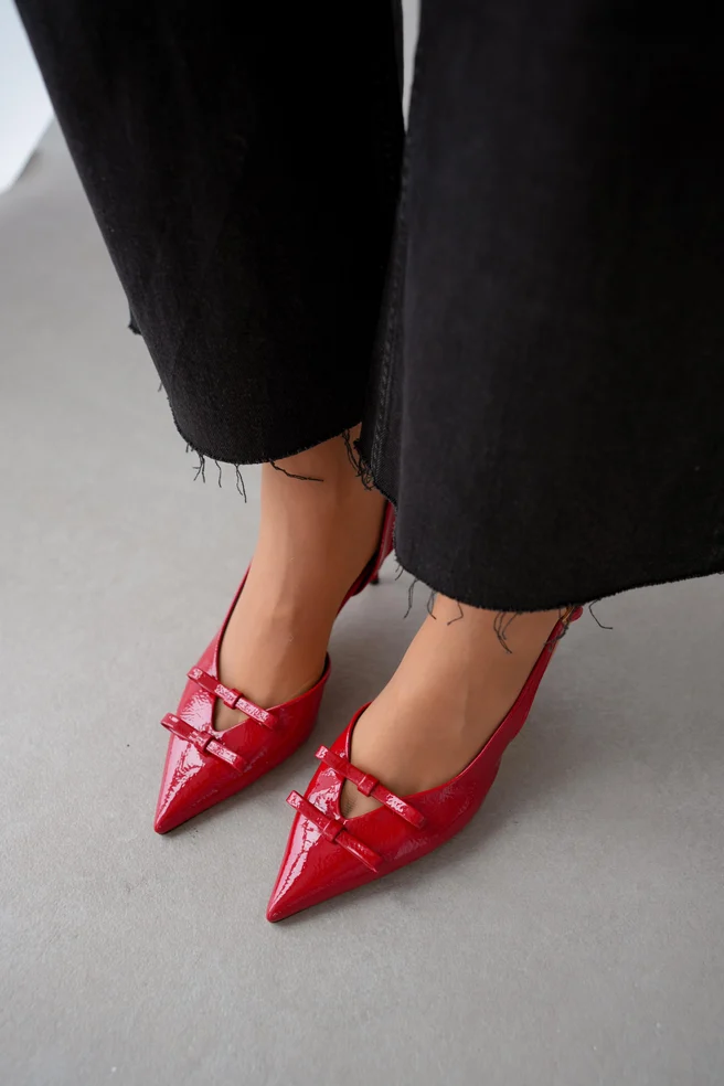 Sophie Çift Fiyonk Rugan Rahat Topuklu Stiletto - Kırmızı