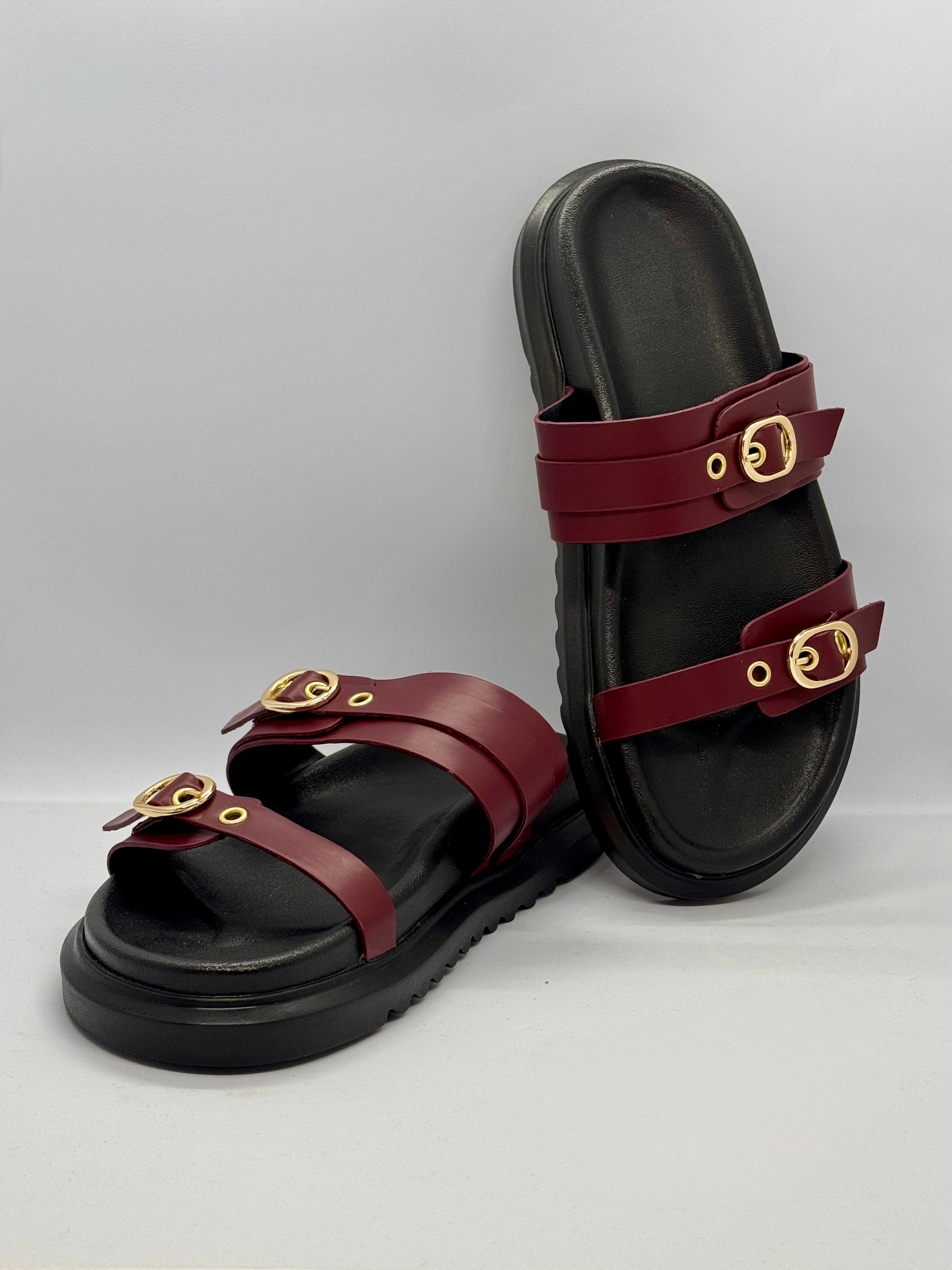 Luve Çift Tokalı Terlik - Bordo