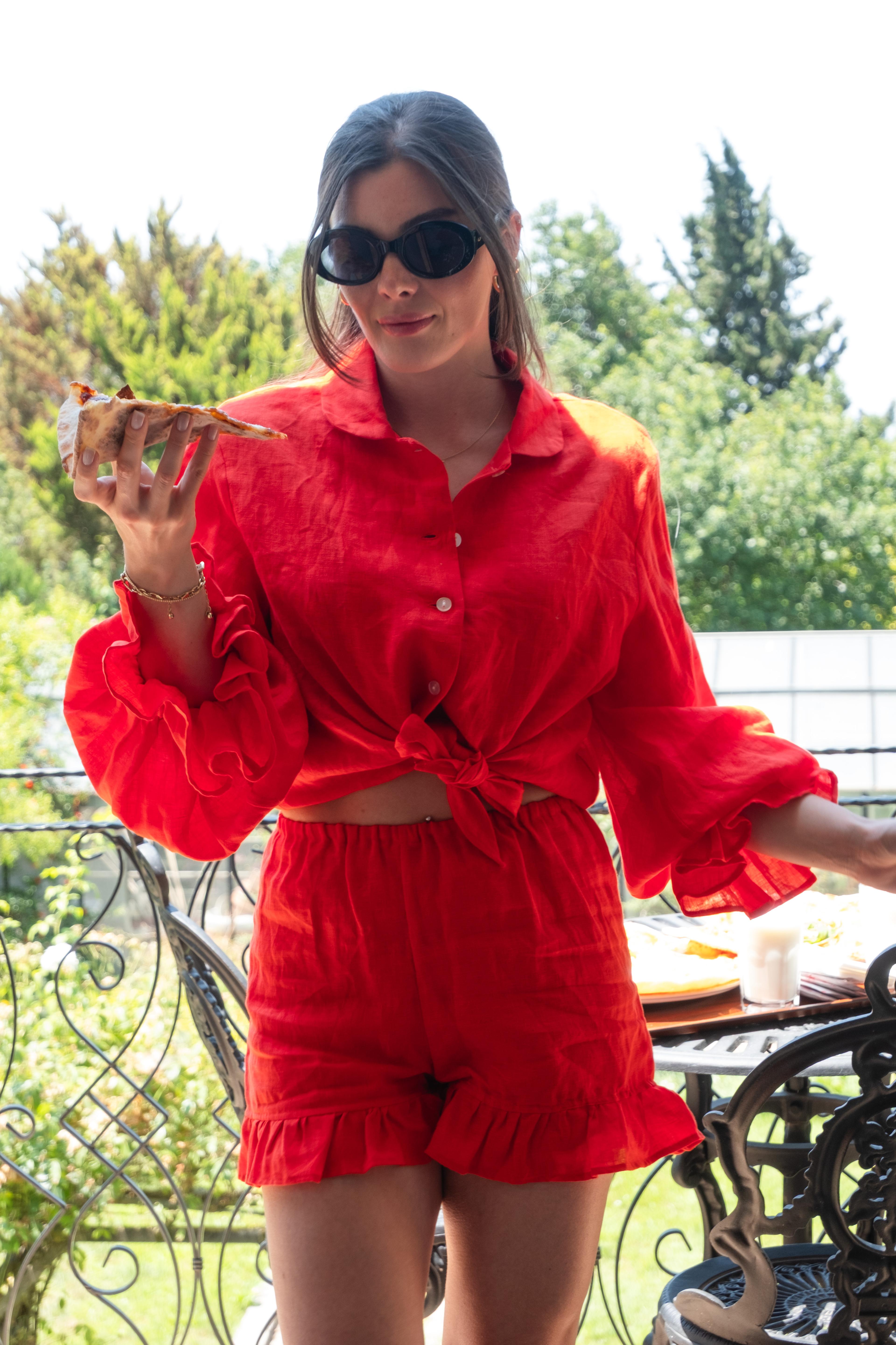 Lily Linen Shirt and Shorts - Red
