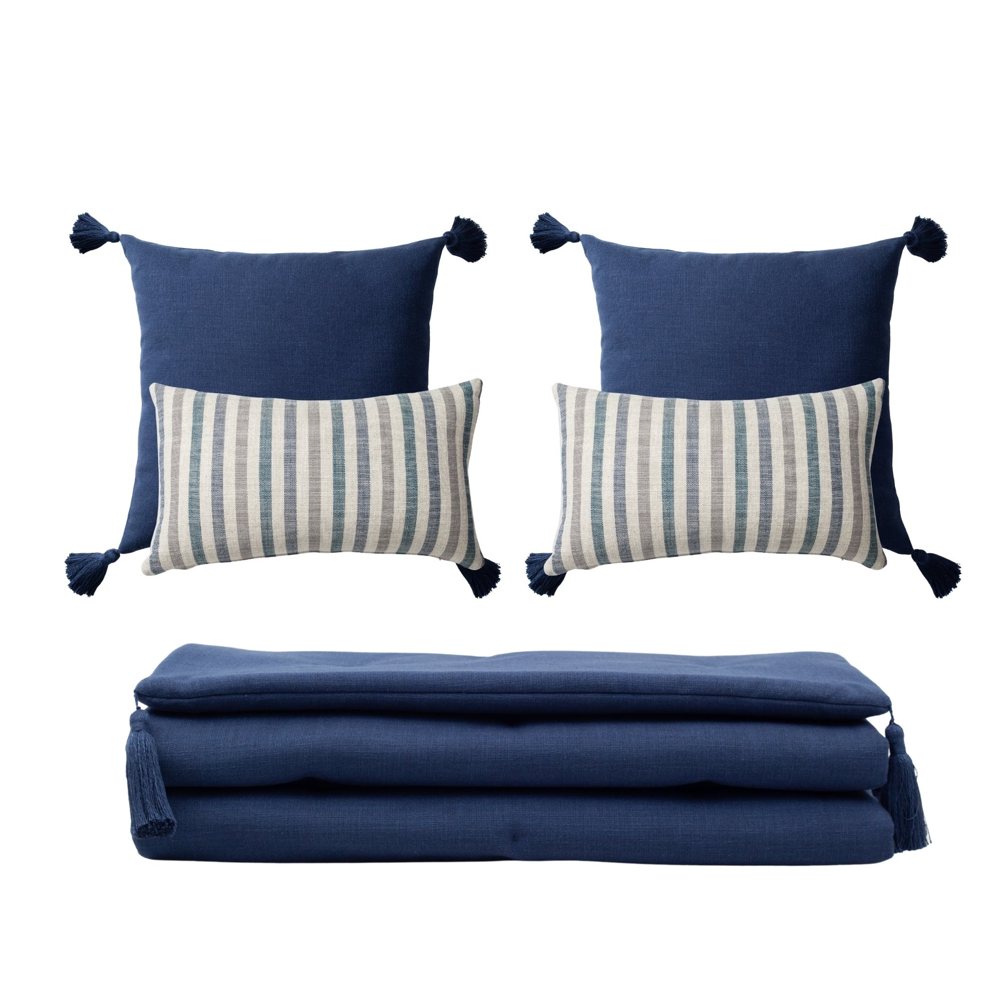 " Loom " Keten Püsküllü Yatak Runner + 4 Yastıklı Set Capri - Lacivert