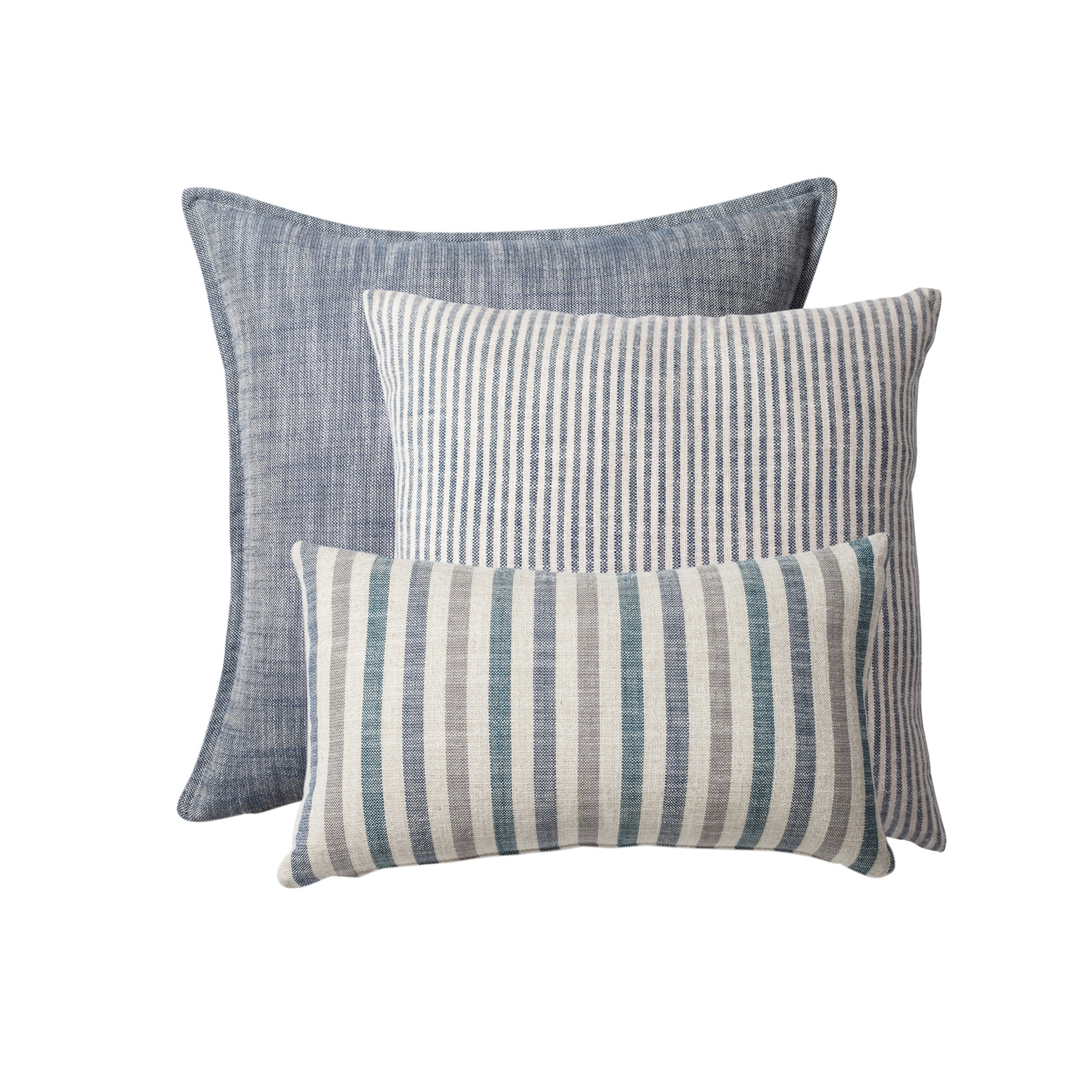 " StripeOnStripe " - Dekoratif Yastık- 3'lü Kombin Set - Mavi & Keten