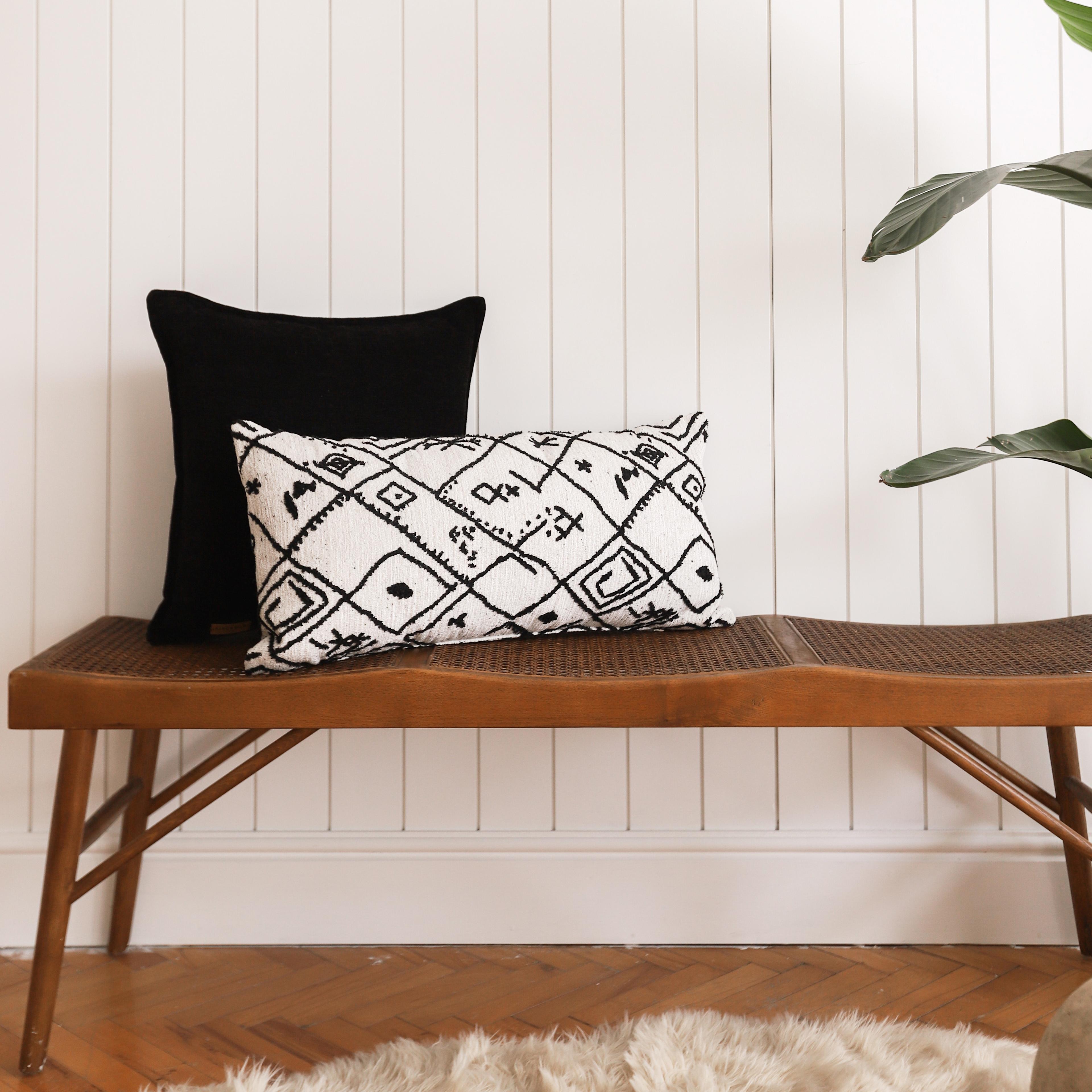 "Merino" - Ethnic Motif Patterned Pillow 14x28 Inch - Black and White (Cover Only)