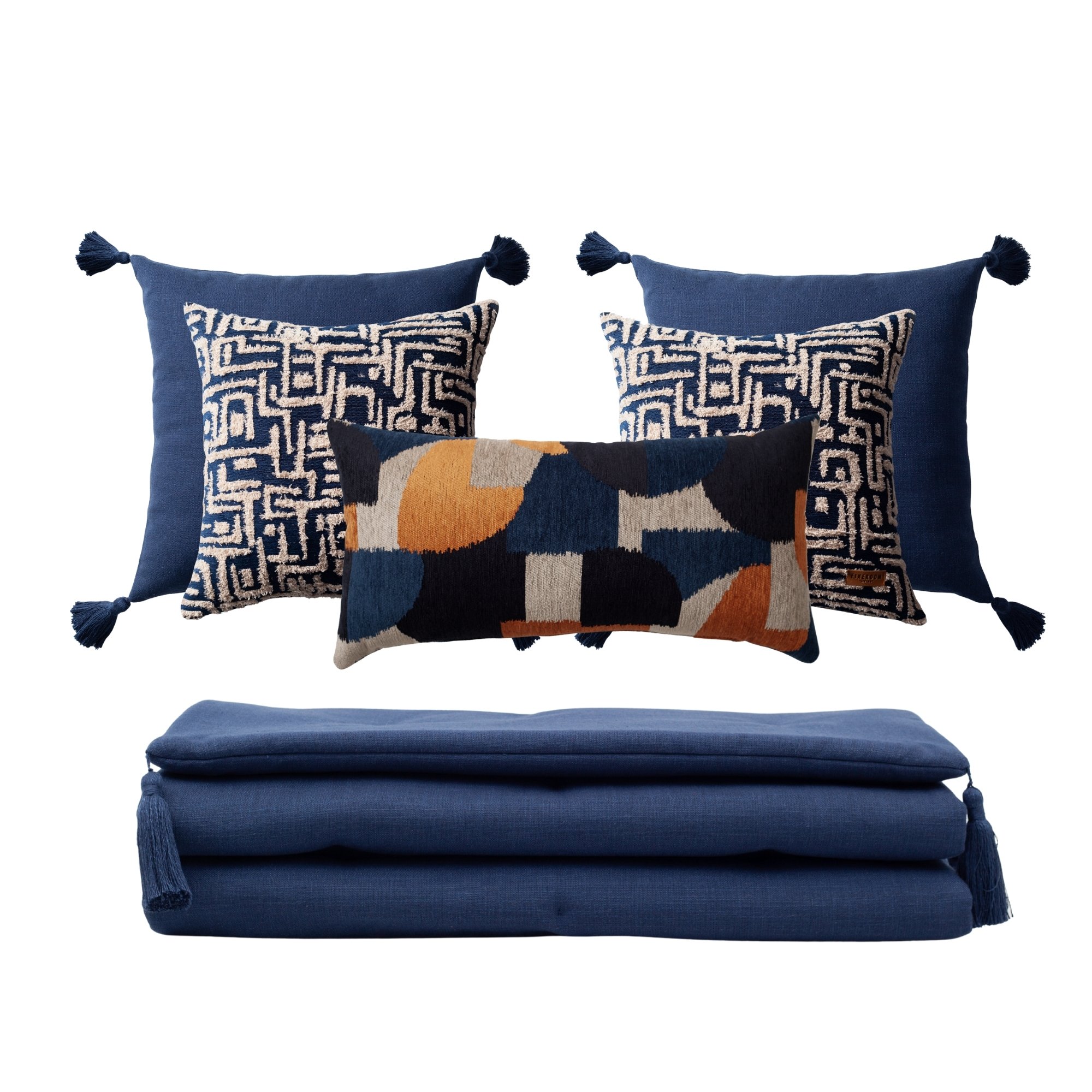 " Loom " Keten Püsküllü Yatak Runner + 5 Yastıklı Set Gilda Otto - Lacivert