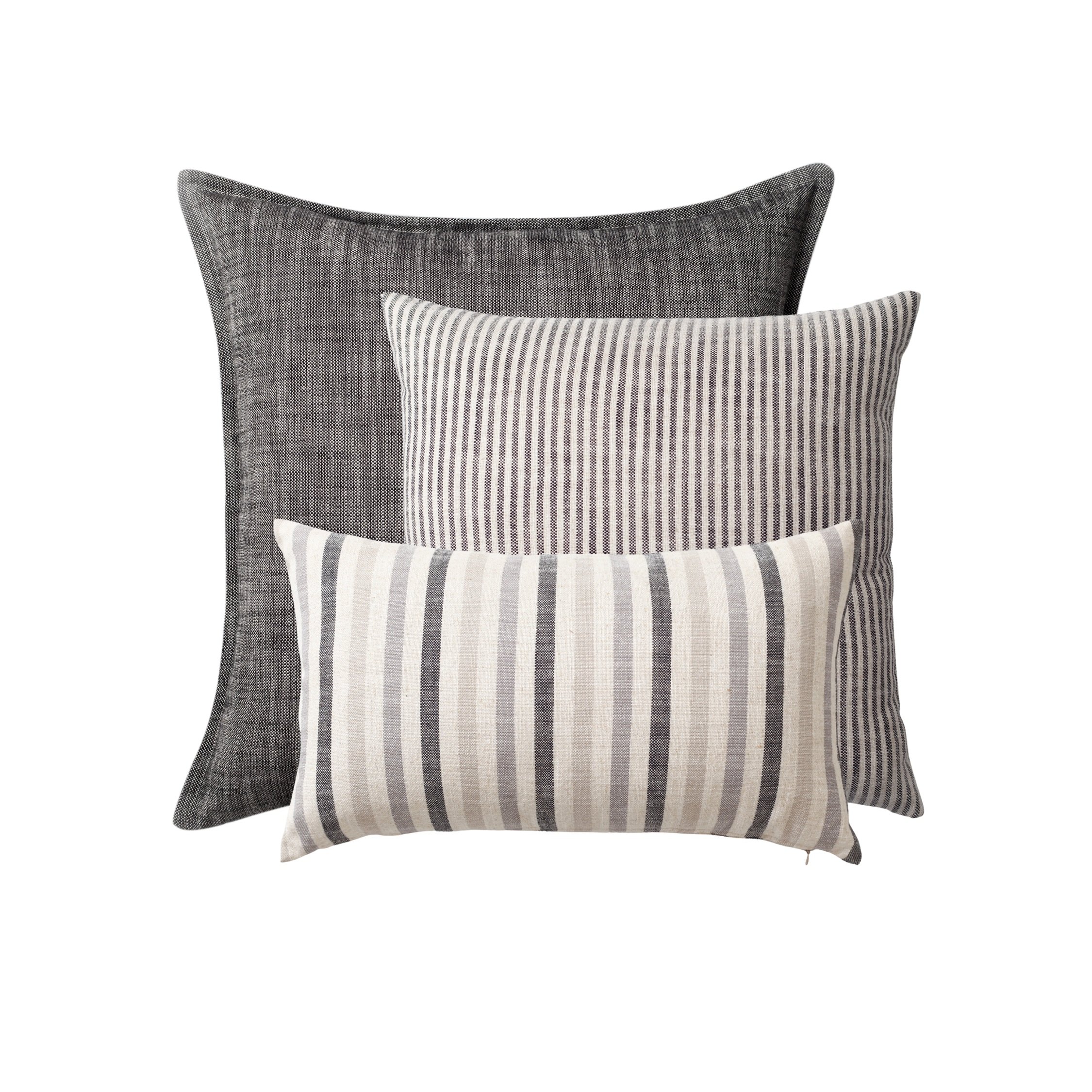 " StripeOnStripe " - Dekoratif Yastık- 3'lü Kombin Set - Siyah & Keten