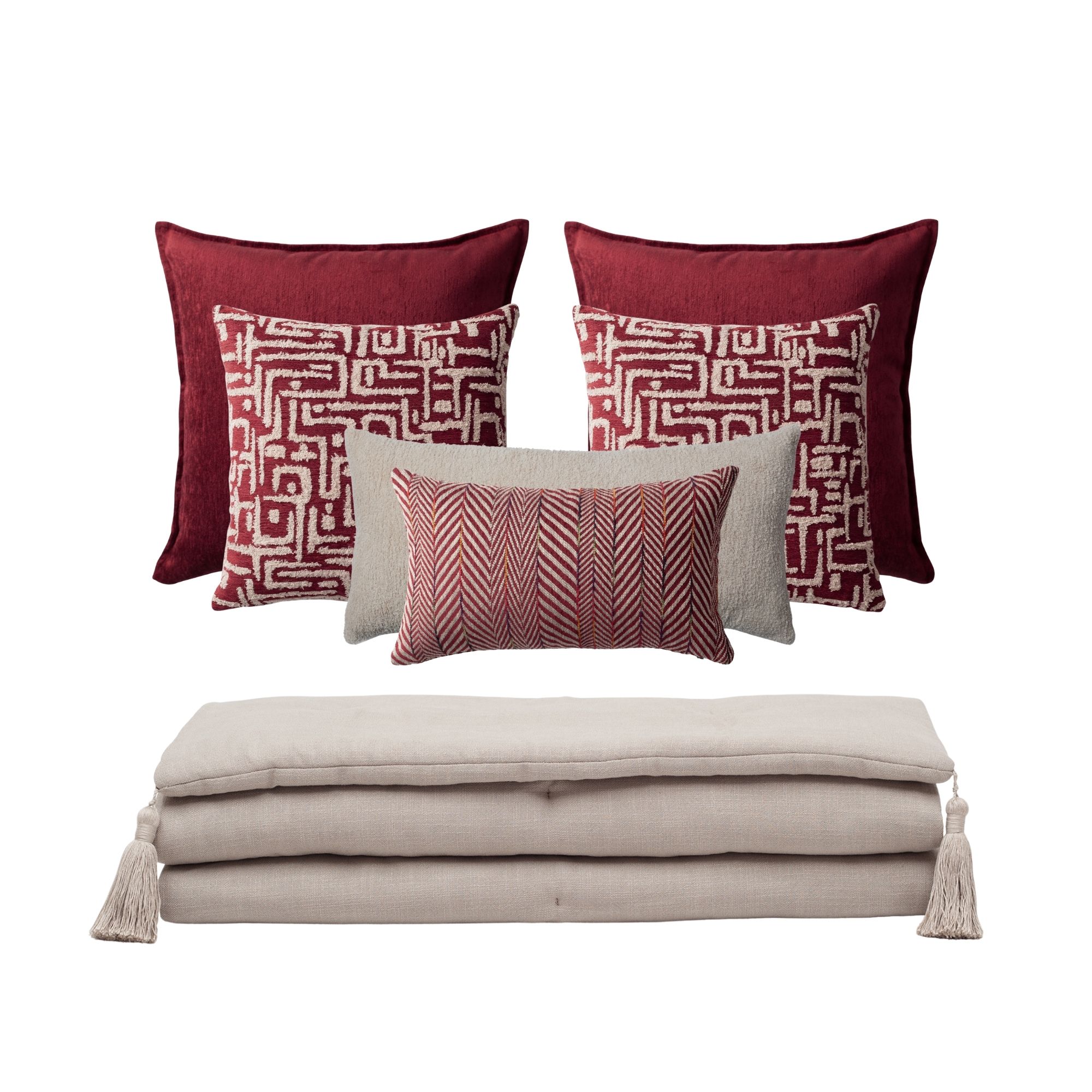 " Loom " Keten Püsküllü Yatak Runner + 6 Yastıklı Set - Bordo