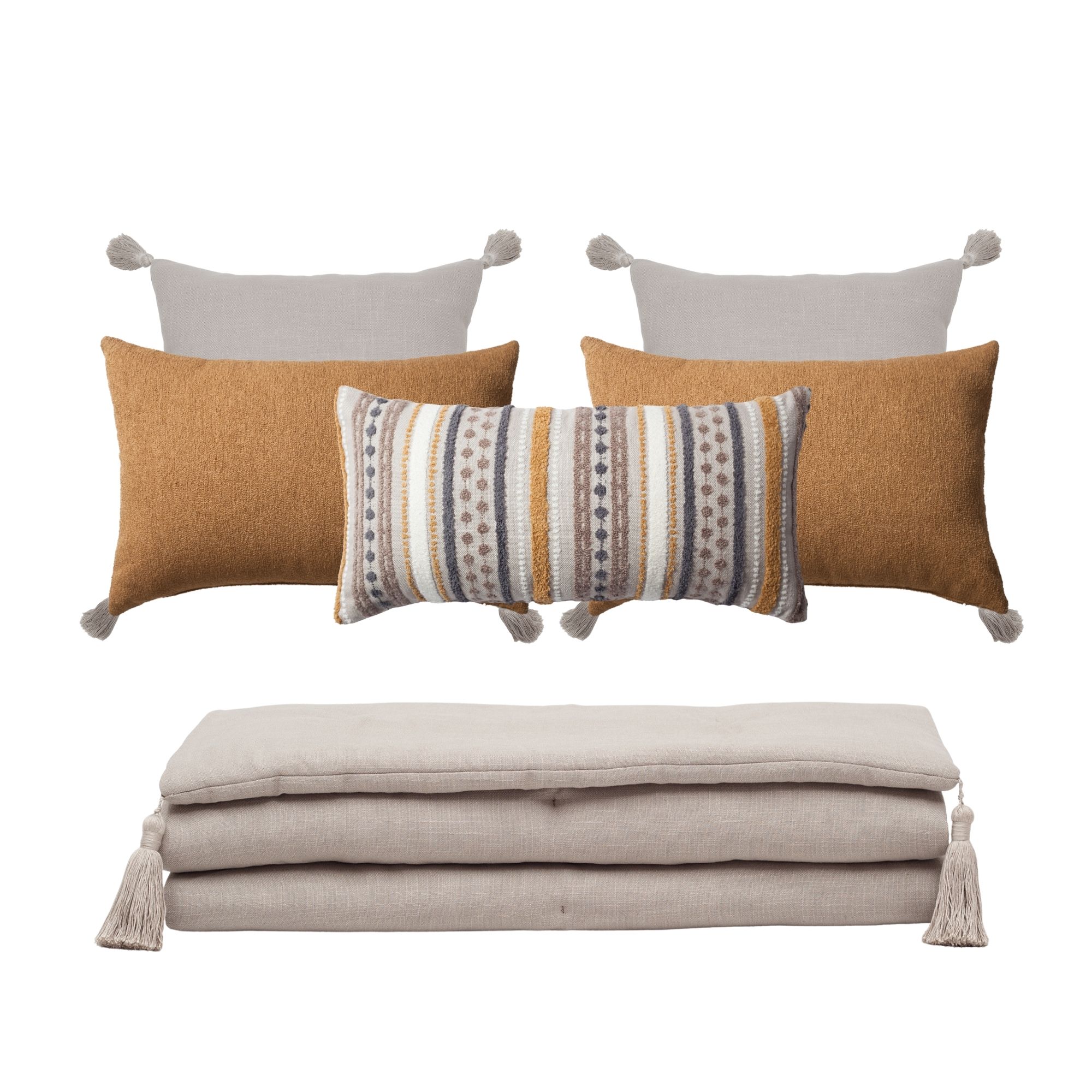 " Loom " Keten Püsküllü Yatak Runner + 5 Yastıklı Set Nomad Julia - Hardal
