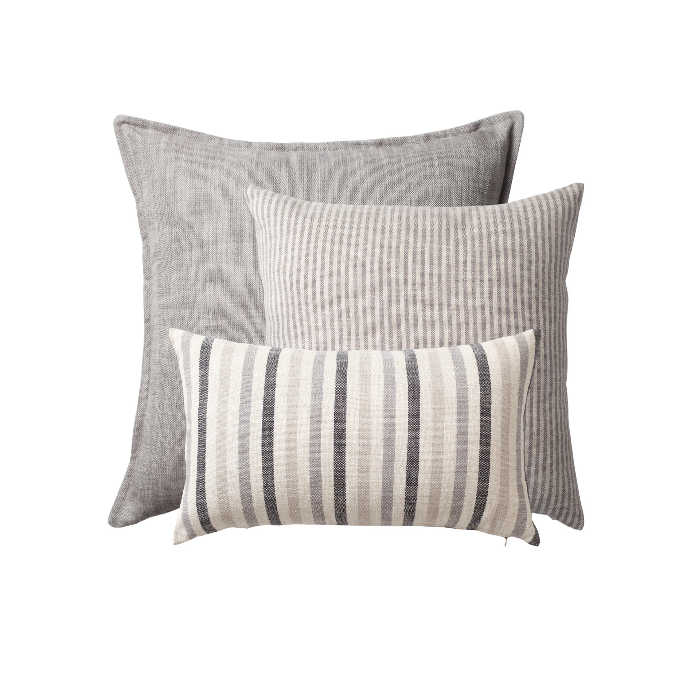 " StripeOnStripe " - Dekoratif Yastık- 3'lü Kombin Set - Gri & Keten