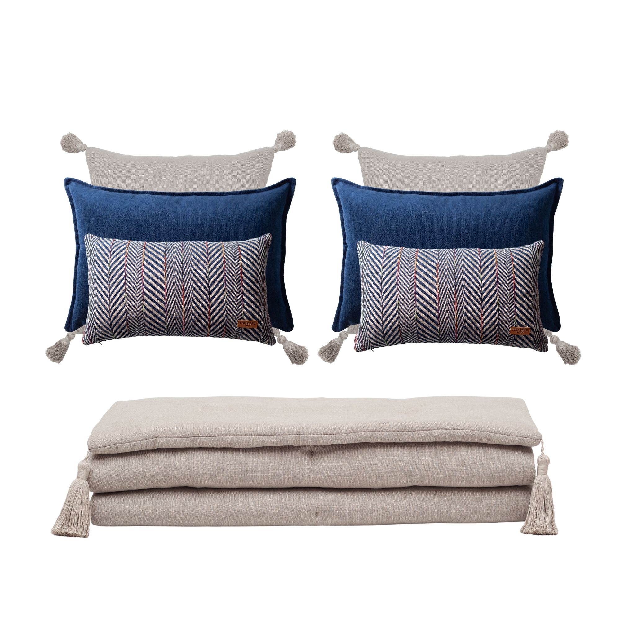 " Loom " Keten Püsküllü Yatak Runner + 6 Yastıklı Set Eliza Sense - Lacivert
