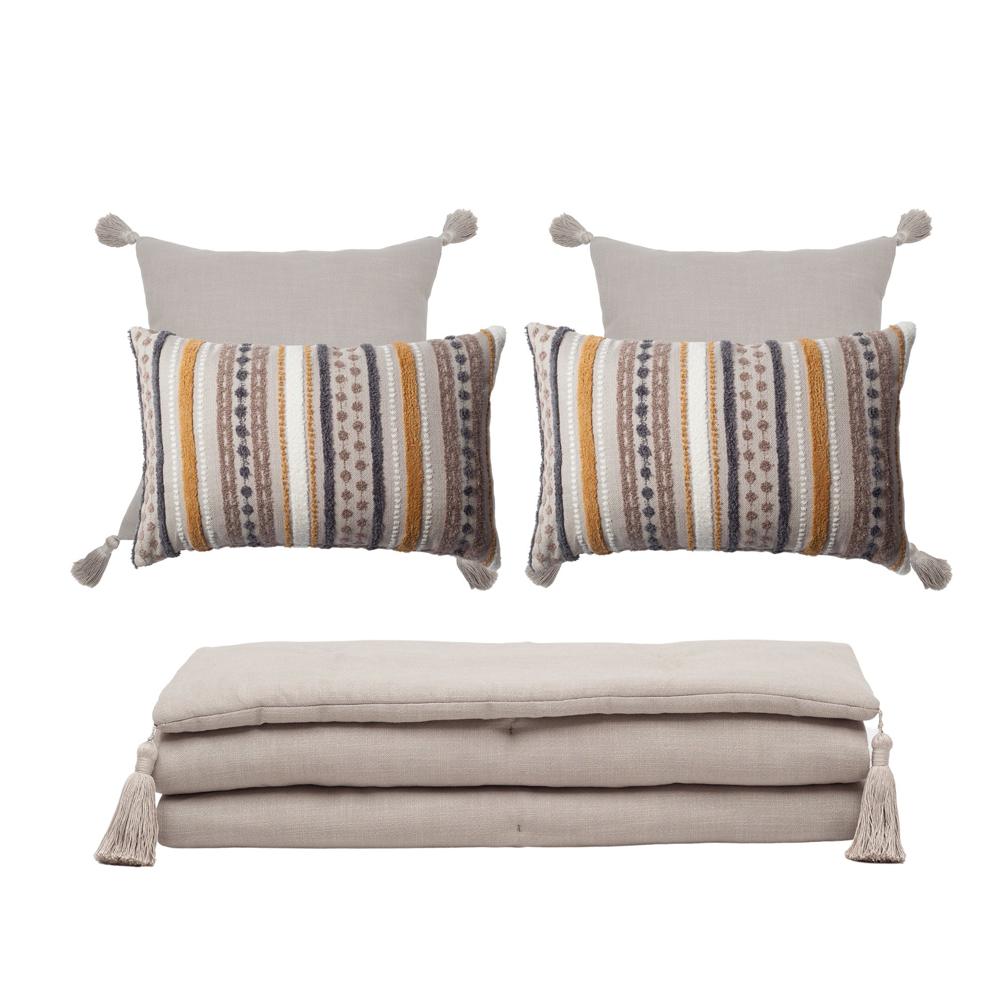 " Loom " Keten Püsküllü Yatak Runner + 4 Yastıklı Set Nomad