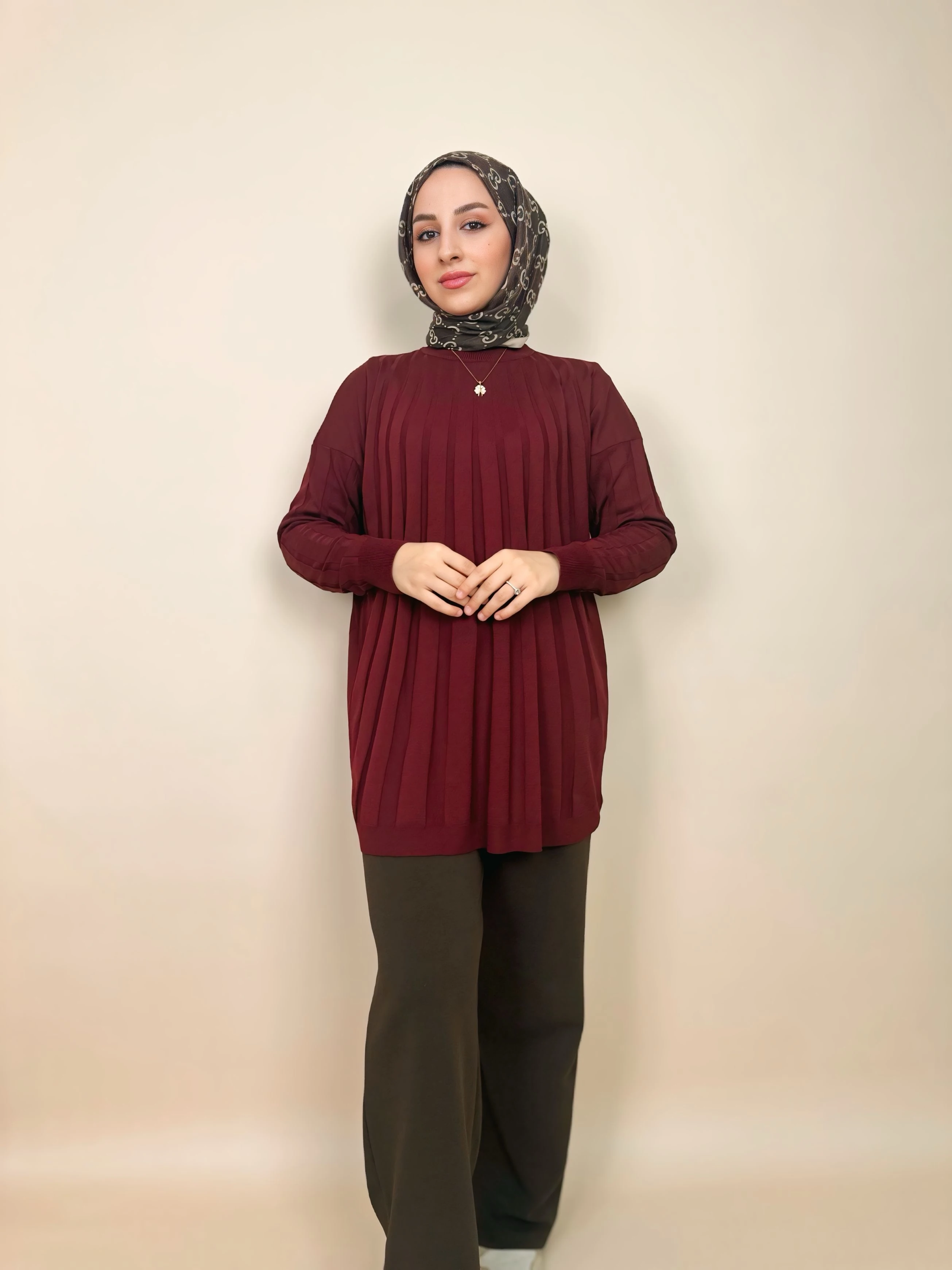 Plise Detaylı Relax Fit Tesettür Tunik - bordo