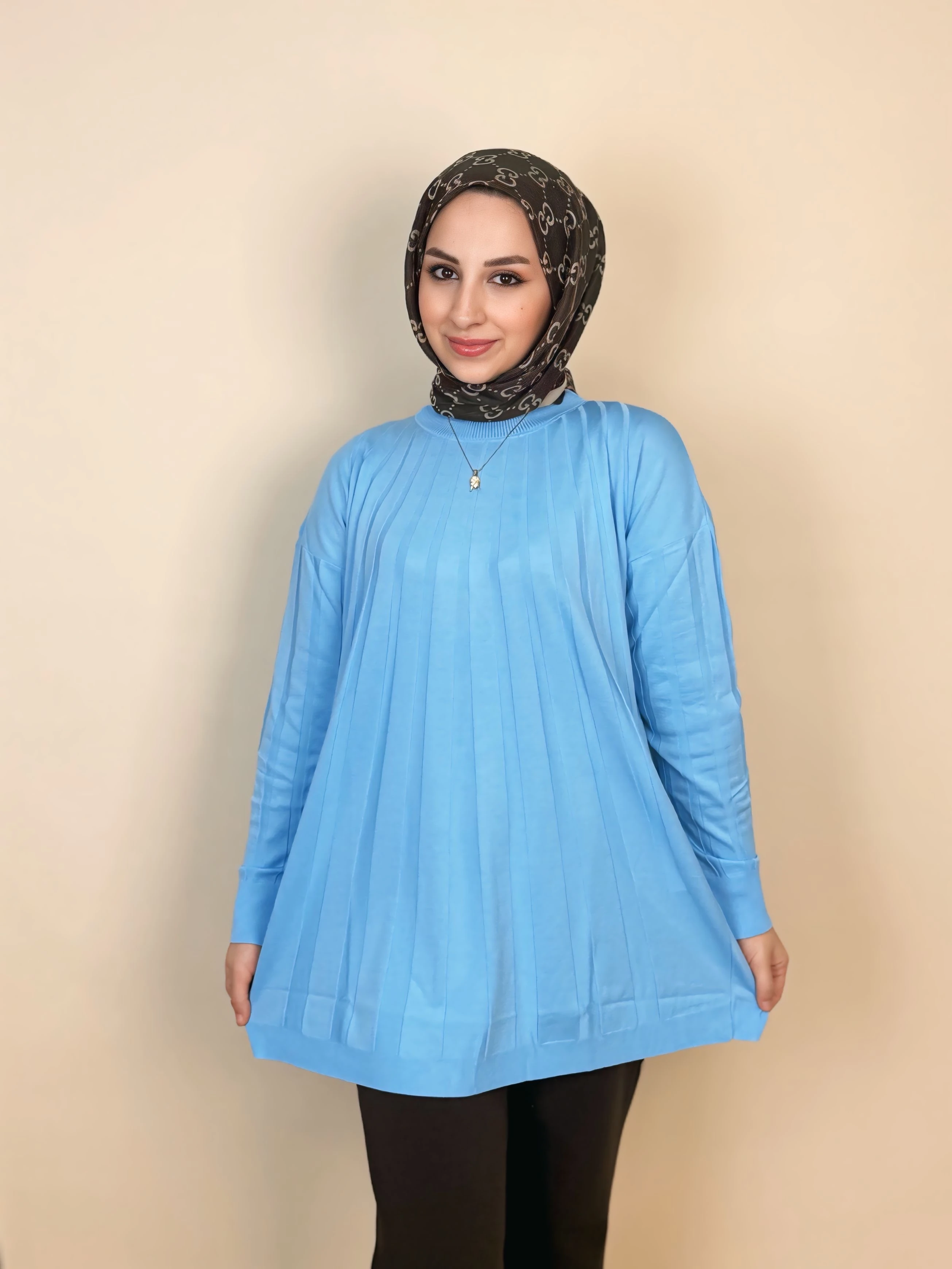 Plise Detaylı Relax Fit Tesettür Tunik - mavi