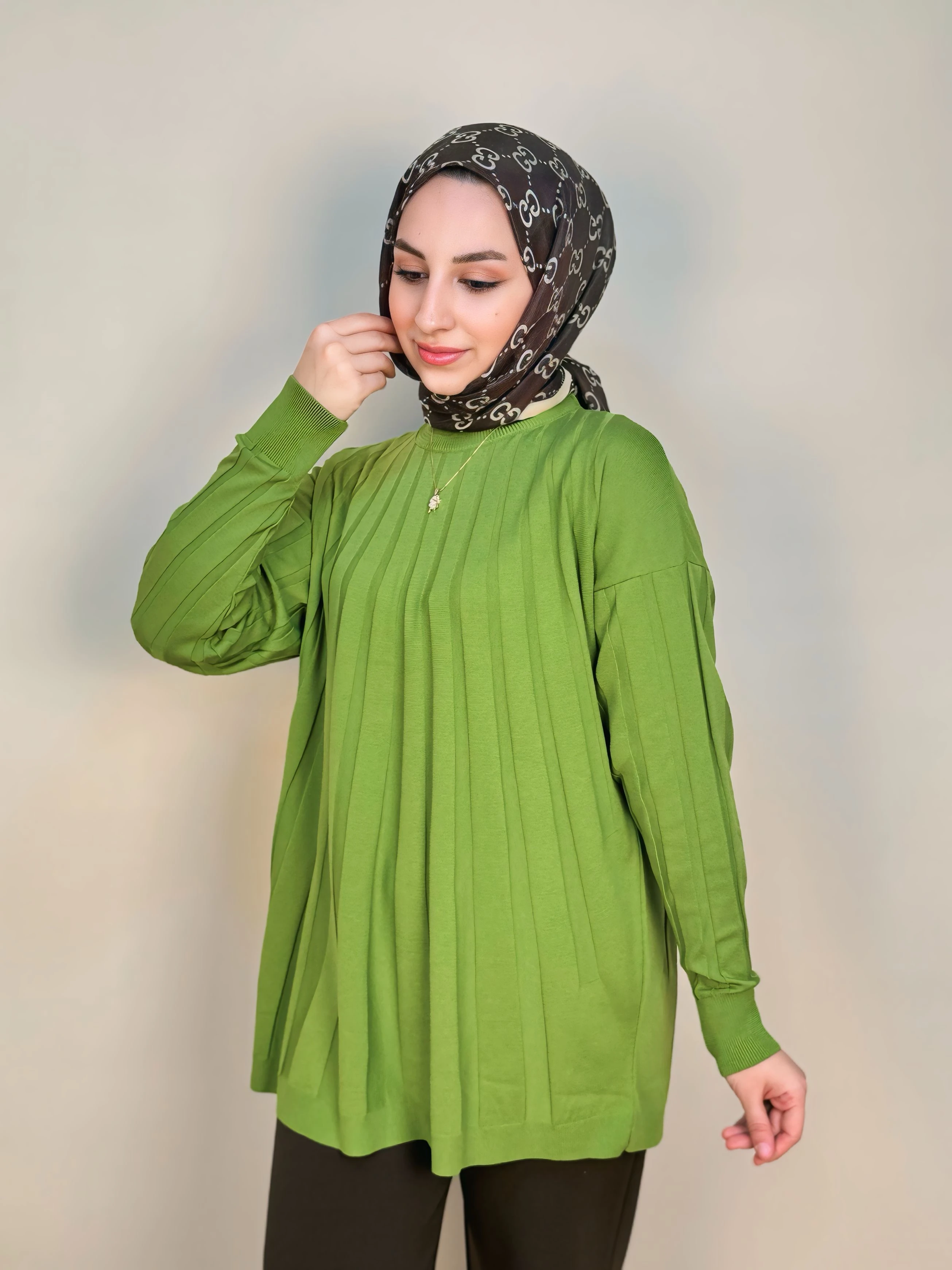 Plise Detaylı Relax Fit Tesettür Tunik - yeşil