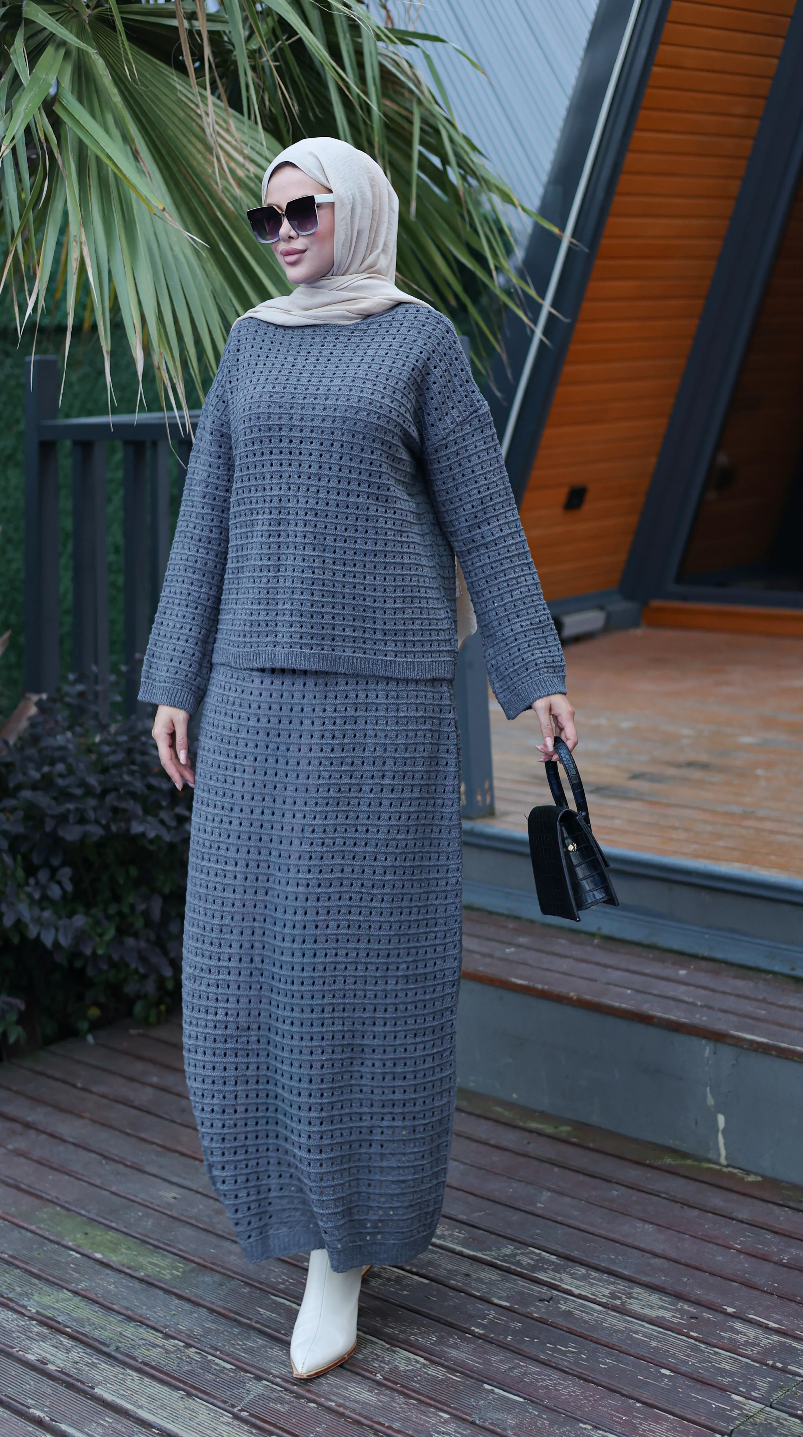 Ajurlu Triko Takım - gri