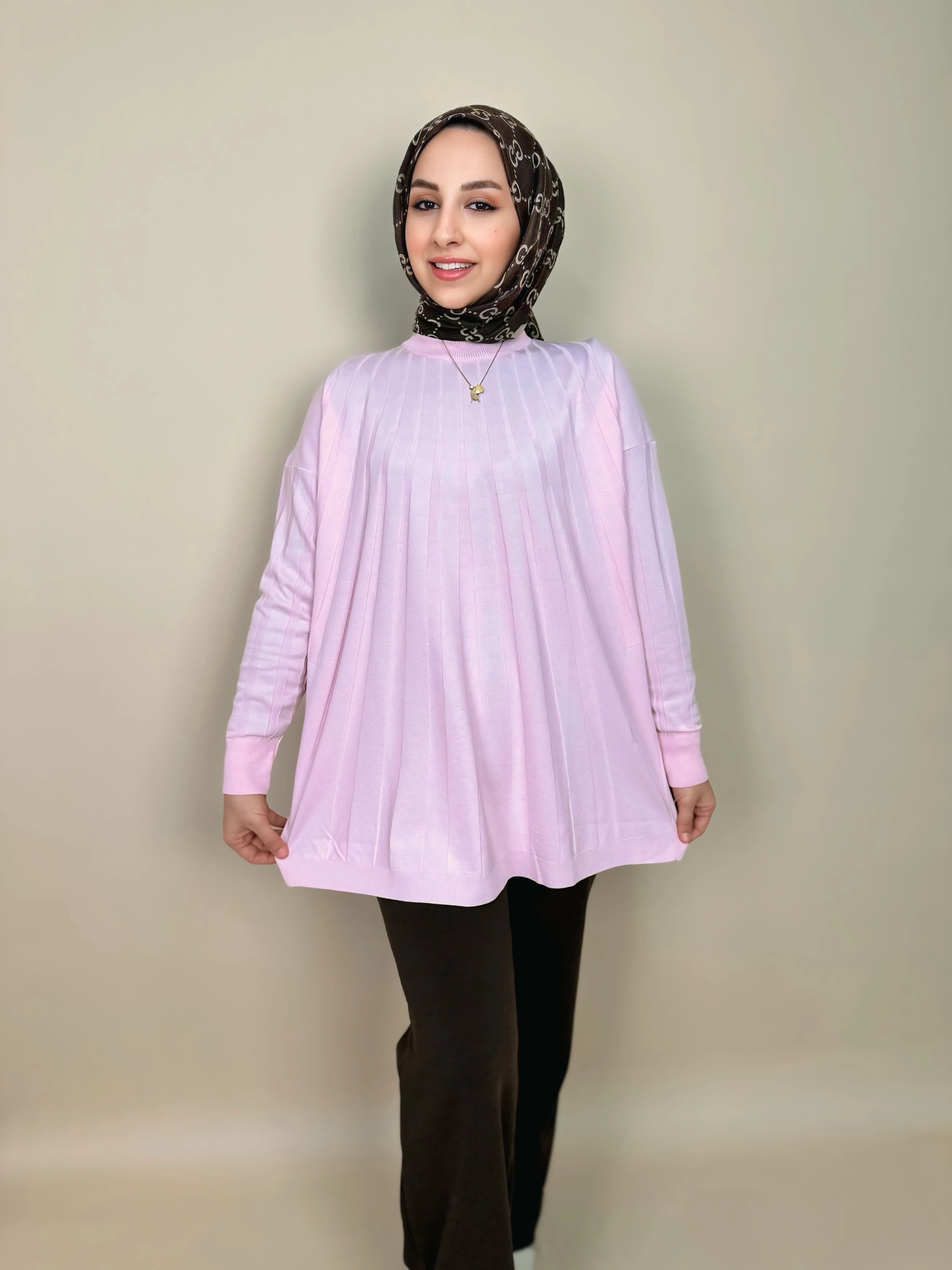 Plise Detaylı Relax Fit Tesettür Tunik - pudra