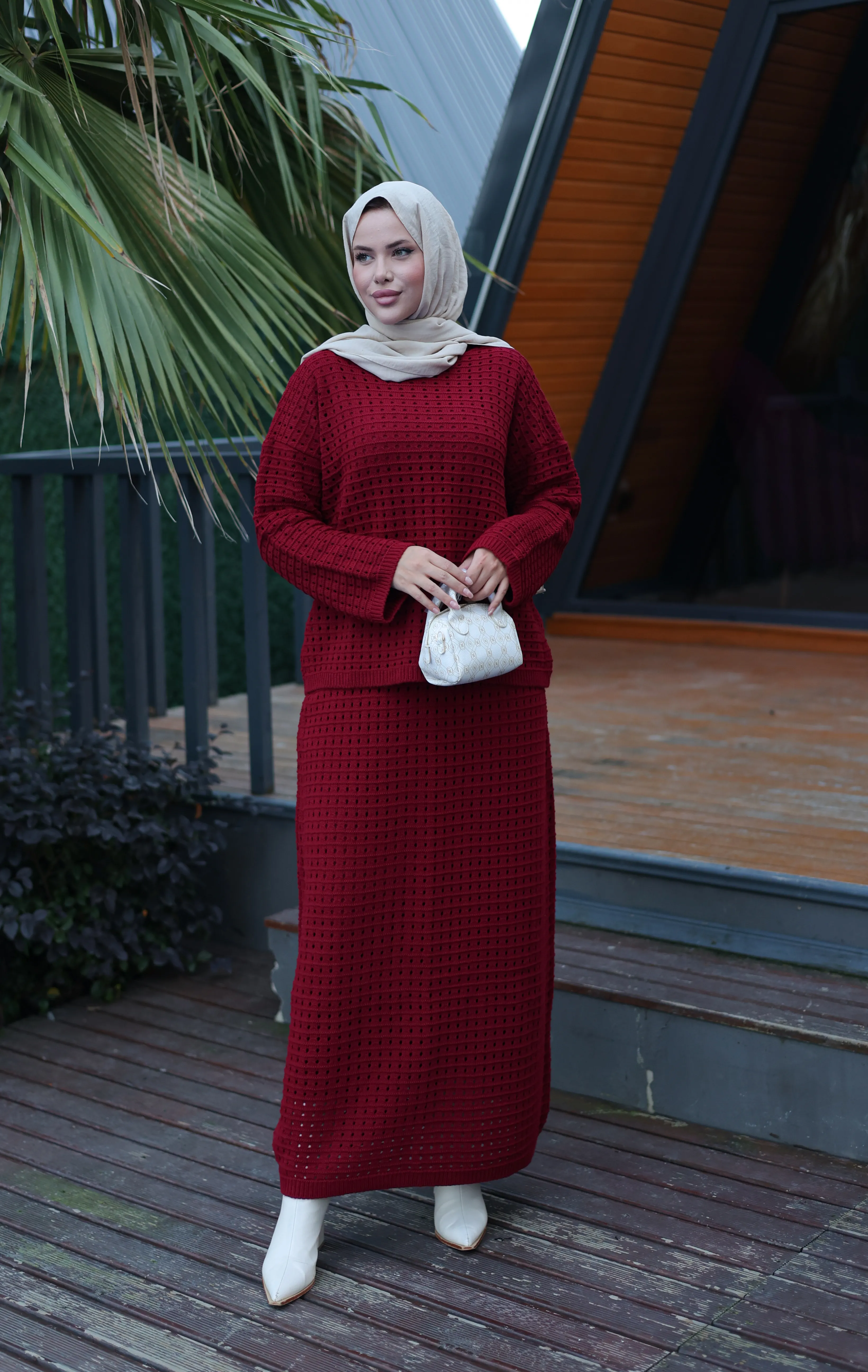 Ajurlu Triko Takım - bordo