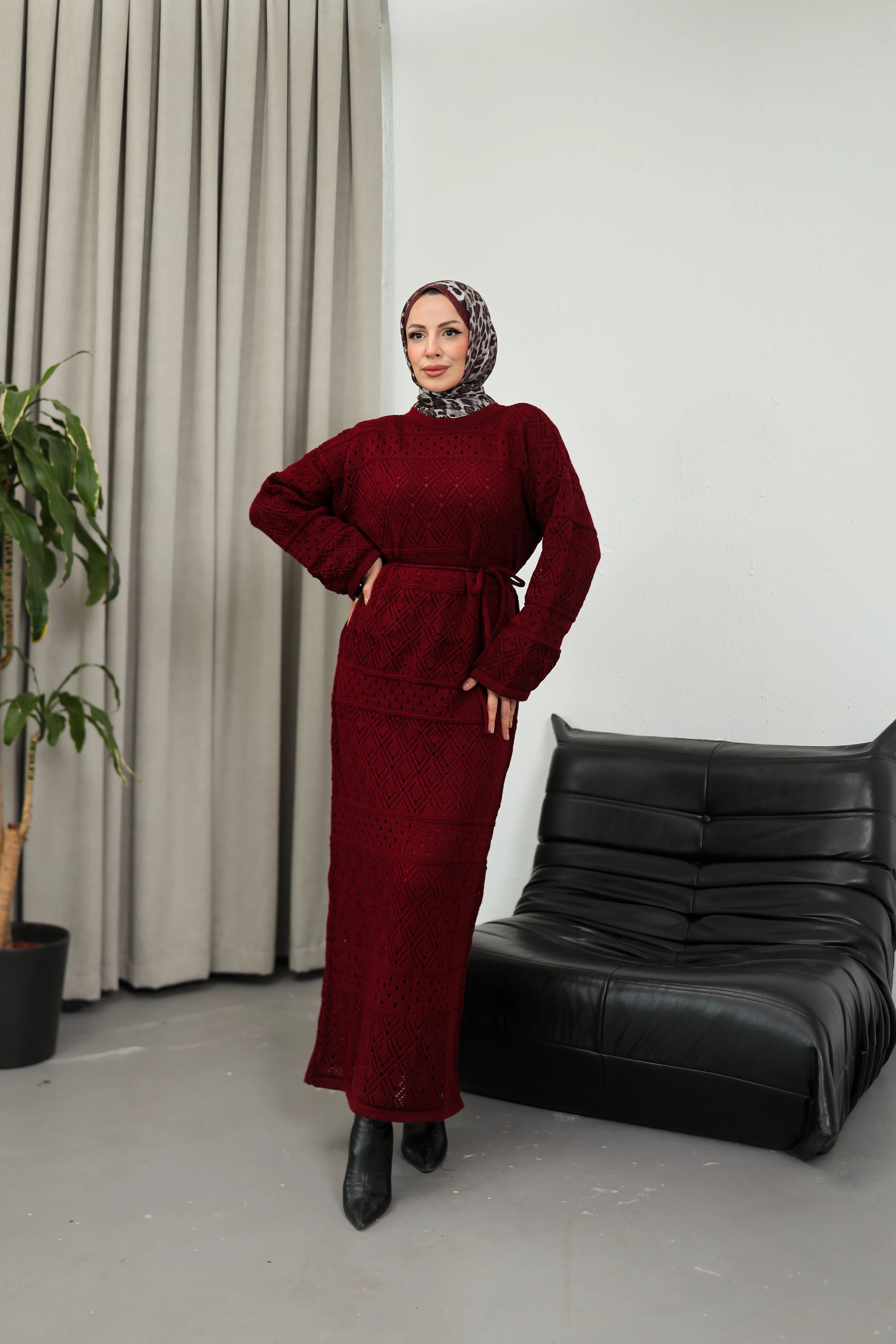 Ajurlu Kuşaklı Triko Elbise - bordo