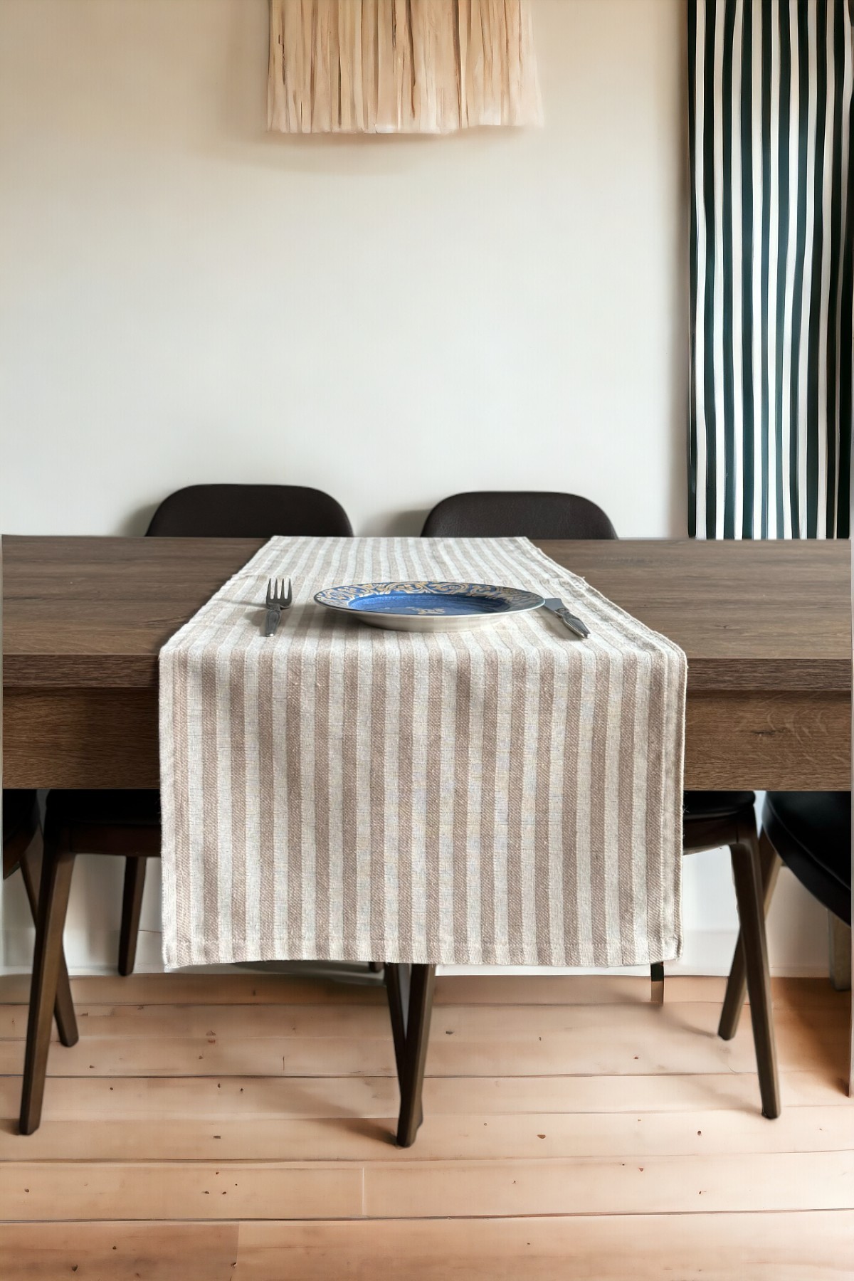 Açık Kahve Bej Çizgili Ham Keten Pamuk Dekoratif Runner 132X40cm