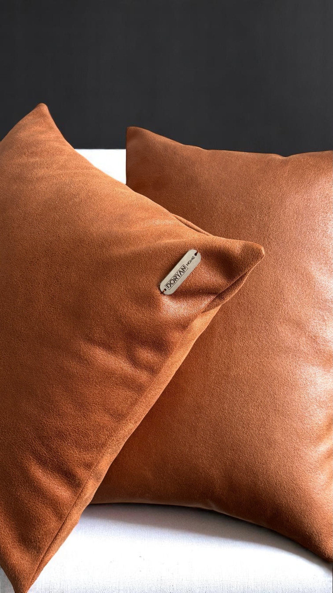 Solid Kiremit Basic Suni Nubuk Deri 2'li Set Dekoratif Kırlent Kılıfı - Kiremit Renk 45x45 - 50x35