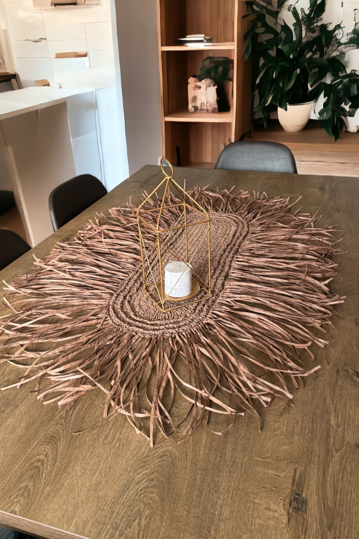 Iskandinav Kağıt Rafya Ip Örgü Tarçın Püsküllü Saçaklı Oval Dekoratif Runner 118x80cm