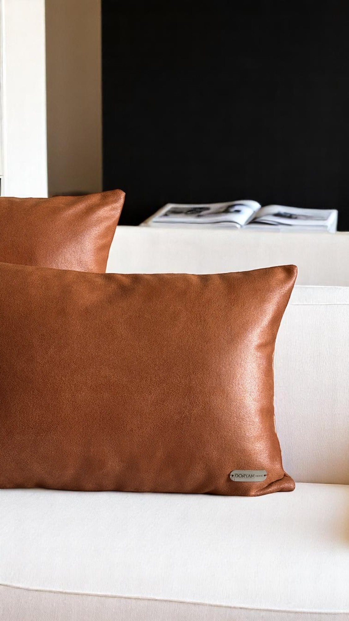 Solid Kiremit Basic Suni Nubuk Deri 2'li Set Dekoratif Kırlent Kılıfı - Kiremit Renk 45x45 - 50x35