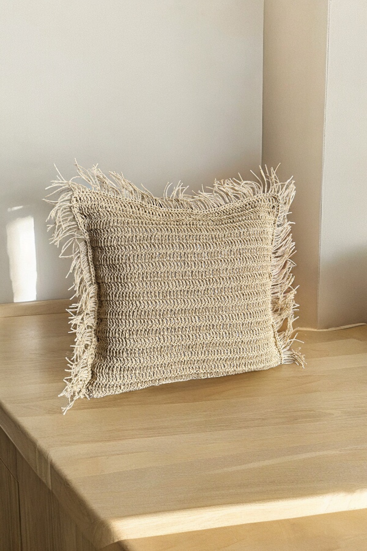 Bohem Hasır Kağıt İp Örgülü Tarçın Bej Püsküllü Saçaklı Kare Dekoratif Kırlent Kılıfı 45x45cm