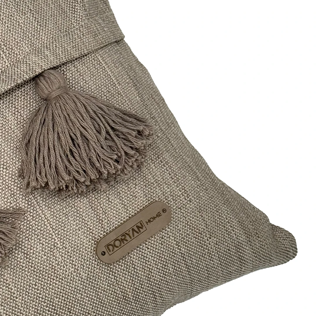 Bohem Hustler - Soğuk Vizon Keten Dokulu Püskül Detaylı Dikdörtgen Kırlent Kılıfı 60x35cm