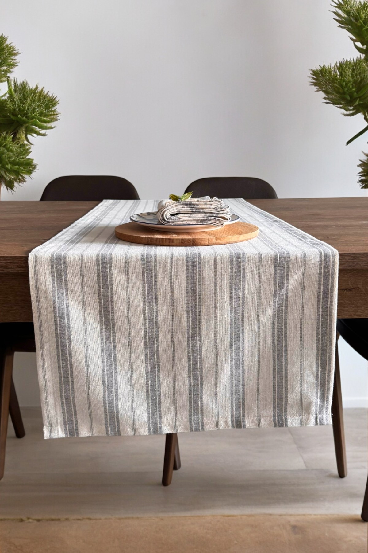 Gri Çizgili Bej Ham Keten Pamuk Dekoratif Runner Masa Örtüsü 130x45cm