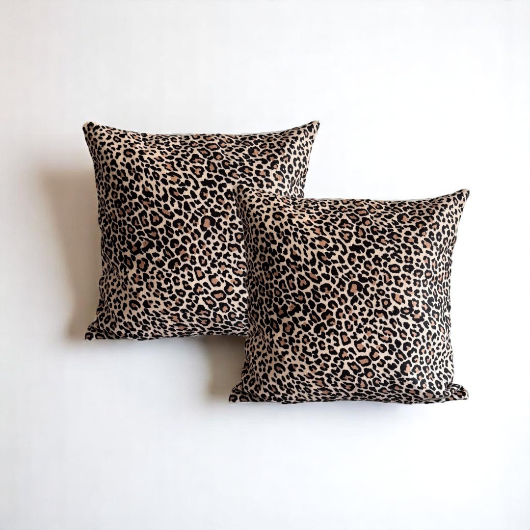 Leopar Süet 2'li Set Dekoratif Kırlent Kılıfı - Bej Renk 45x45