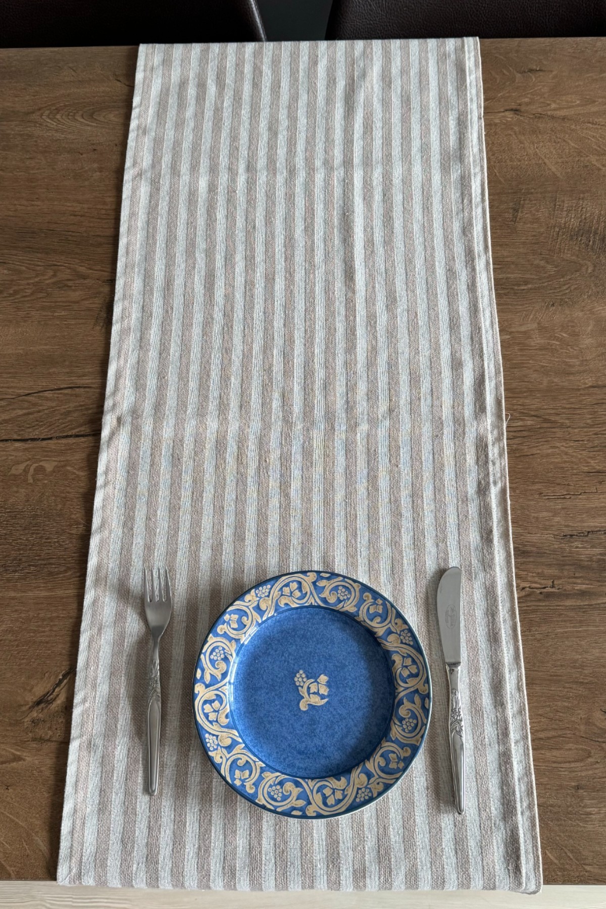 Açık Kahve Bej Çizgili Ham Keten Pamuk Dekoratif Runner 132X40cm