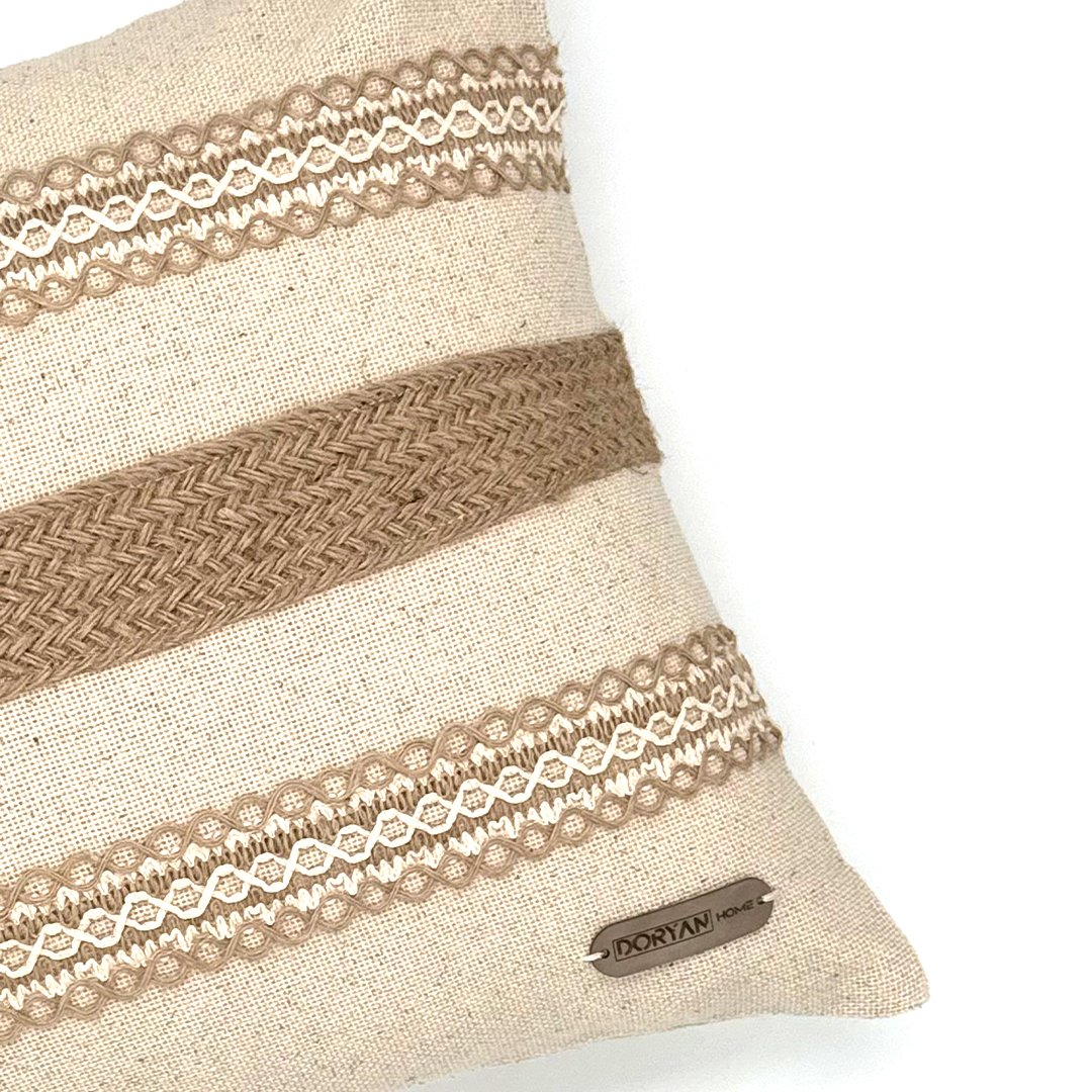 Romance Serisi Krem Keten 2'li Set Fisto Detaylı Kırlent Kılıfları 50x50cm & 50x33cm