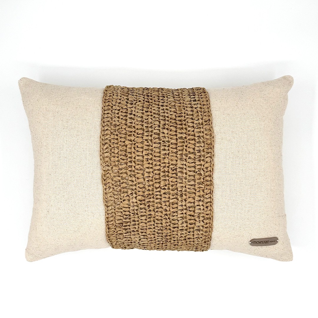 Romance - Doğal Keten Rafya Dokunuşlu Dikdörtgen Kırlent Kılıfı - 50x35cm Sütlü Kahve Tarçın Krem