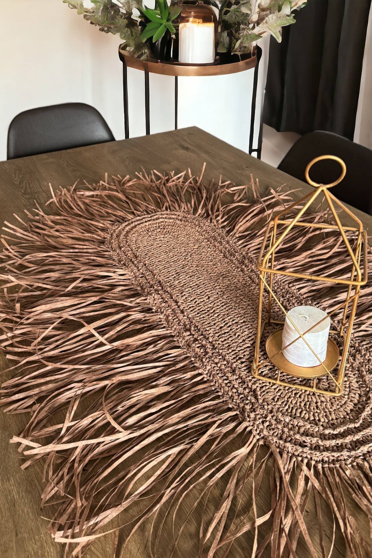 Iskandinav Kağıt Rafya Ip Örgü Tarçın Püsküllü Saçaklı Oval Dekoratif Runner 118x80cm