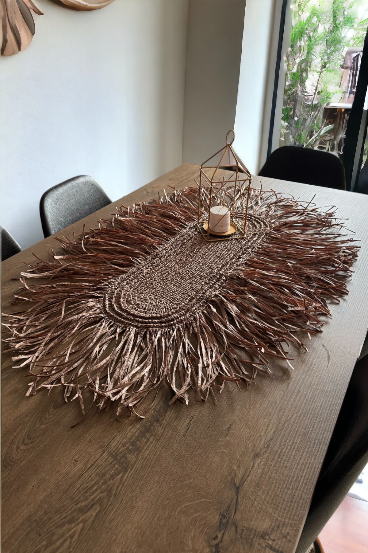 Iskandinav Kağıt Rafya Ip Örgü Tarçın Püsküllü Saçaklı Oval Dekoratif Runner 118x80cm