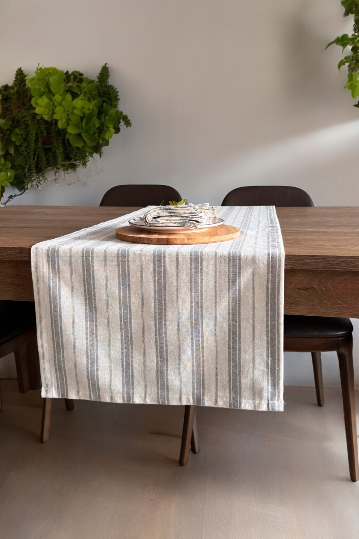 Gri Çizgili Bej Ham Keten Pamuk Dekoratif Runner Masa Örtüsü 130x45cm
